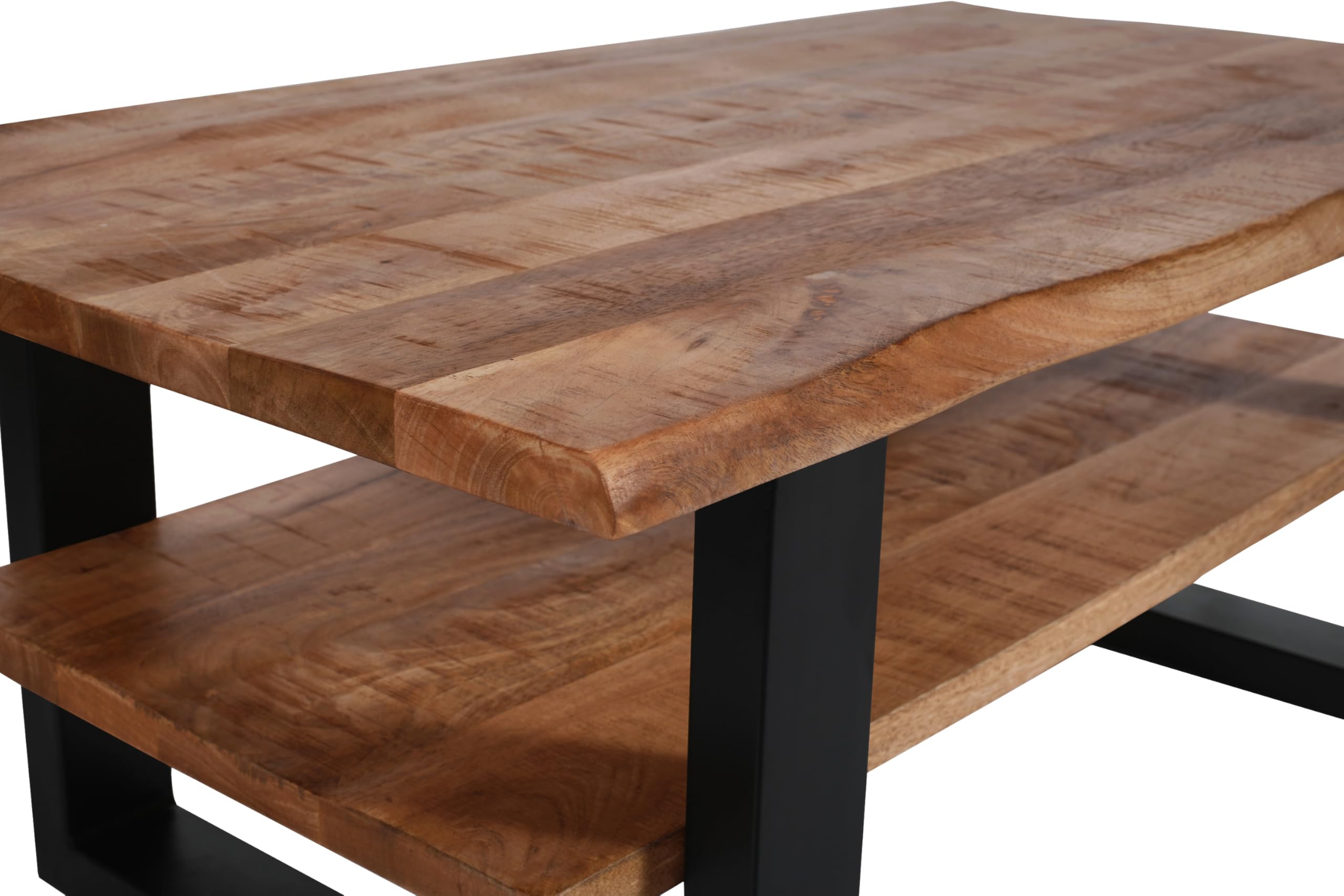 SAM Couchtisch Patrick 115x65 cm Mangoholz Honig lackiert U-Gestell schwarz | Mangoholz massiv, honigfarben, Sofatisch/Beistelltisch mit Ablage, echte Baumkante, Metallgestell