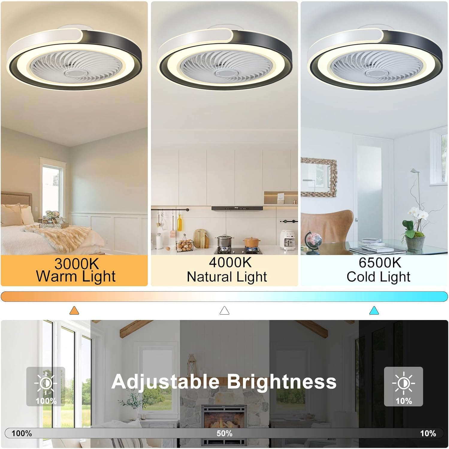 50cm Ventilateur Plafond Silencieux avec Lumiere, Dimmable Plafonnier LED 70W Ventilateur de Plafond avec télécommande APP, 6 Vitesses, Minuterie, pour Salon, Chambre, Cuisine(Noir+Blanc)