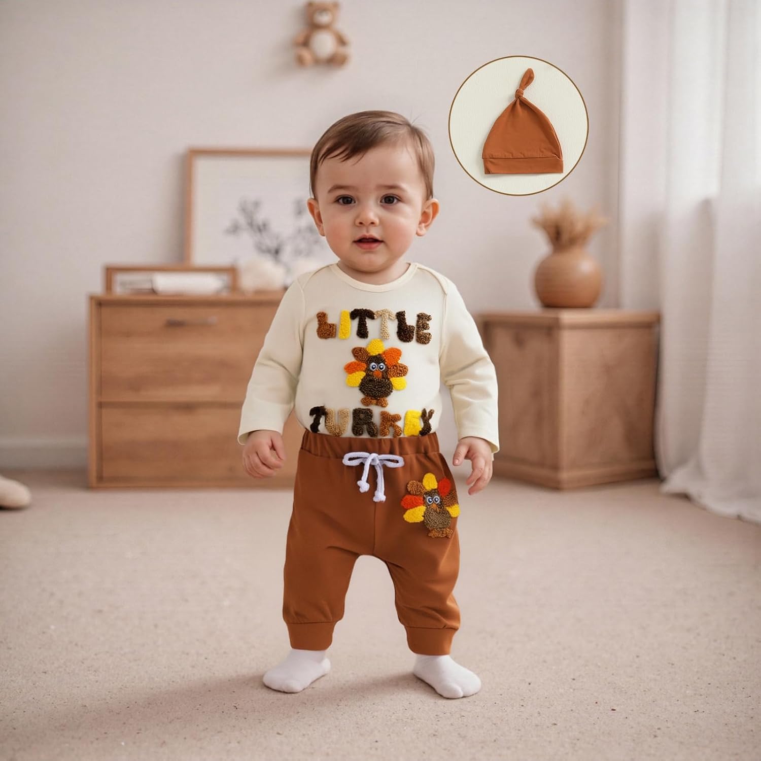 Springcmy Newborn Baby Boy Thanksgiving Outfit Long Sleeve Turkey My 1st Thanksgiving Romper Long Pants Hat 3Pcs Clothes Set - Image 8