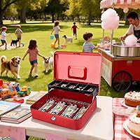 Vista 8 de Jssmst Caja de Efectivo con Bandeja de Dinero y Cerradura - Caja de Efectivo Roja con Cerradura de Llave, Caja de Dinero Segura Grande, Cajón