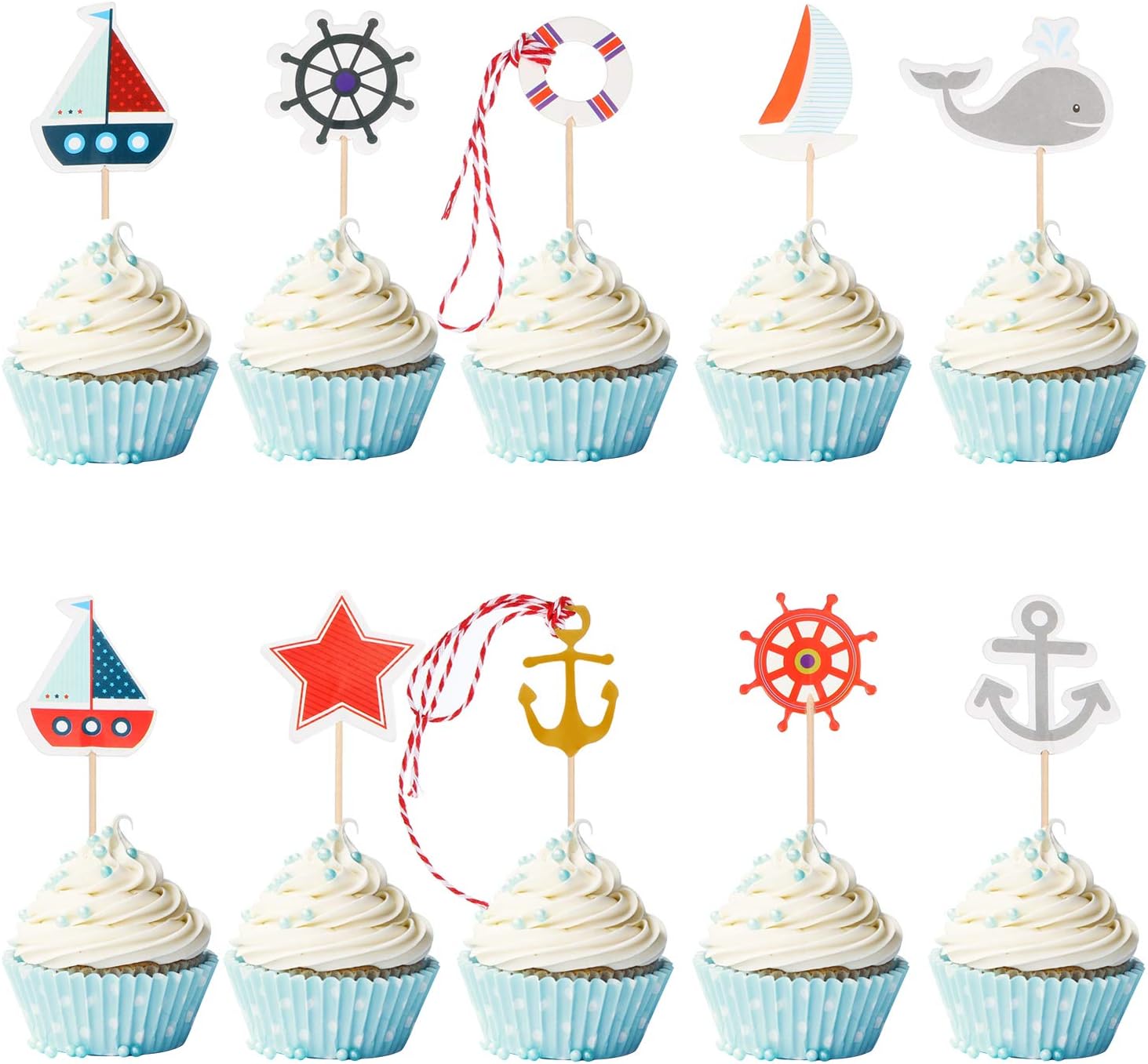 72 Pieces Nautical Cupcake Toppers Ocean Theme Toothpicks Birthday Cake Picks Decorations for Navy Baby Shower Party Favors Supplies