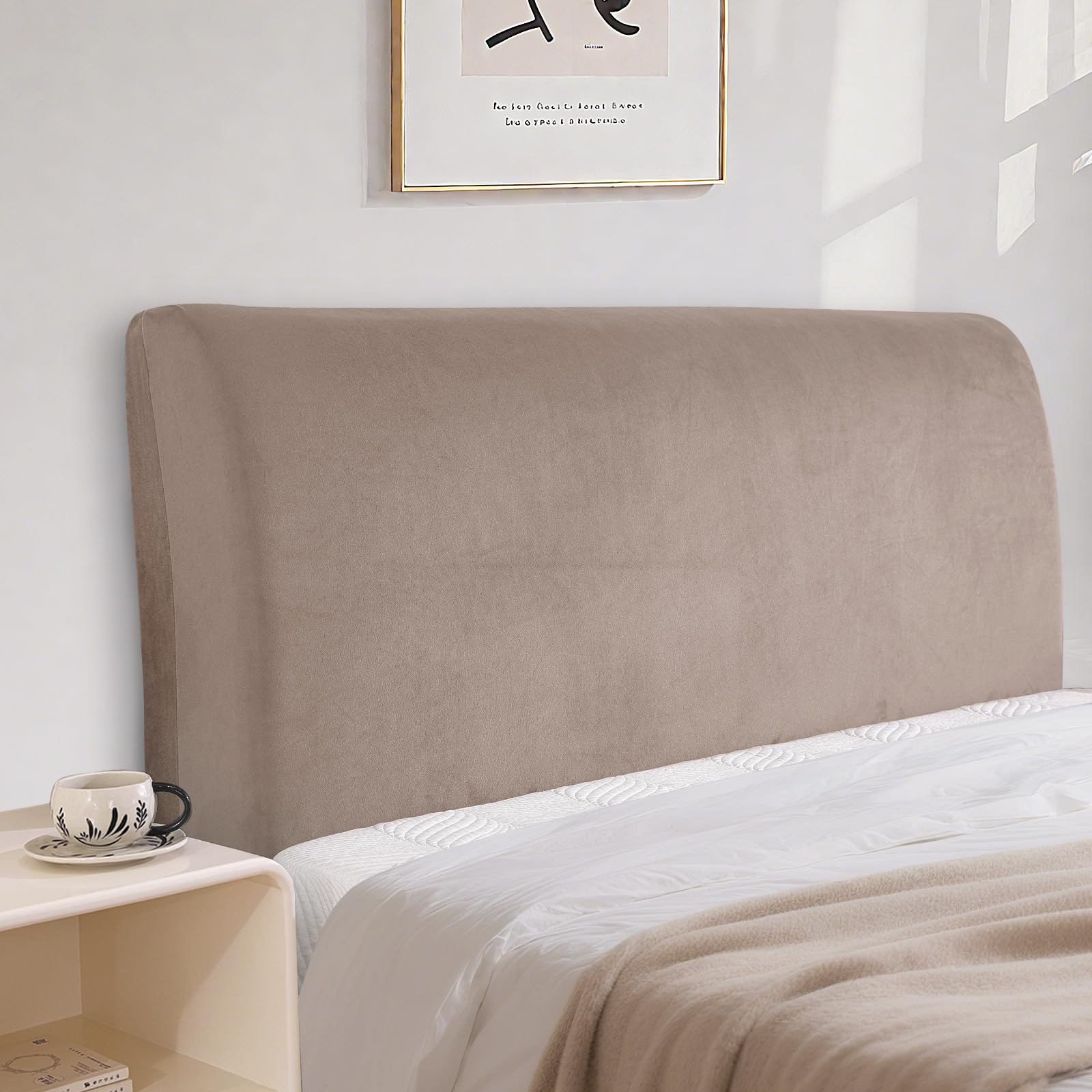 Velluto Copri Testata Letto, Elasticizzato Copertura Per Testiera Del Letto, Tinta Unita Copertura Per Testiera Per Letto, Lavabile, Per Letti Singoli Matrimoniali（180cm, Cachi）