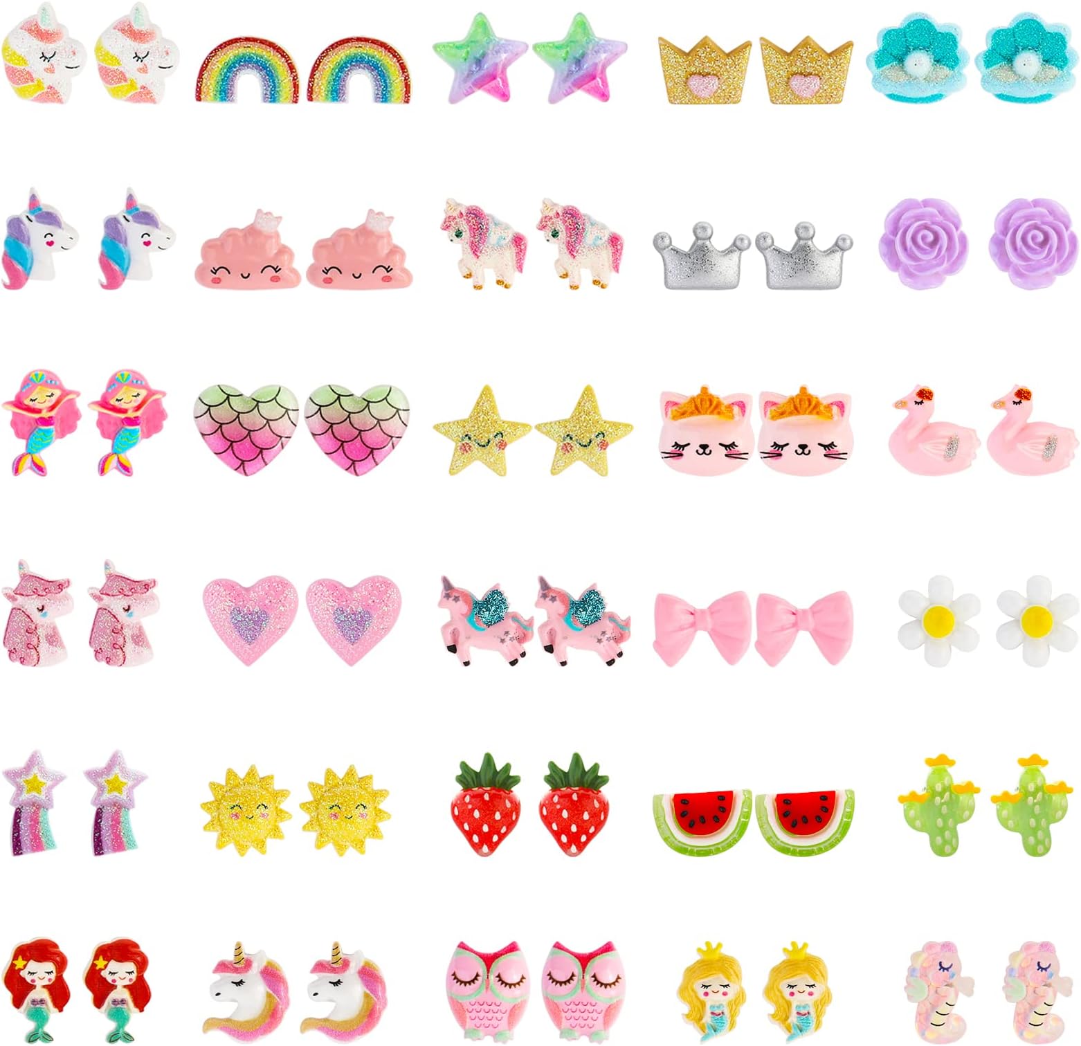 NEWITIN 30 Pairs Magnetic Stud Earrings for Girls Clip on Earring Hypoallergenic Magnet Studs Non Piercing Girls Earring Cute Magnetic Earrings for Kids Women, Resin, No Gemstone