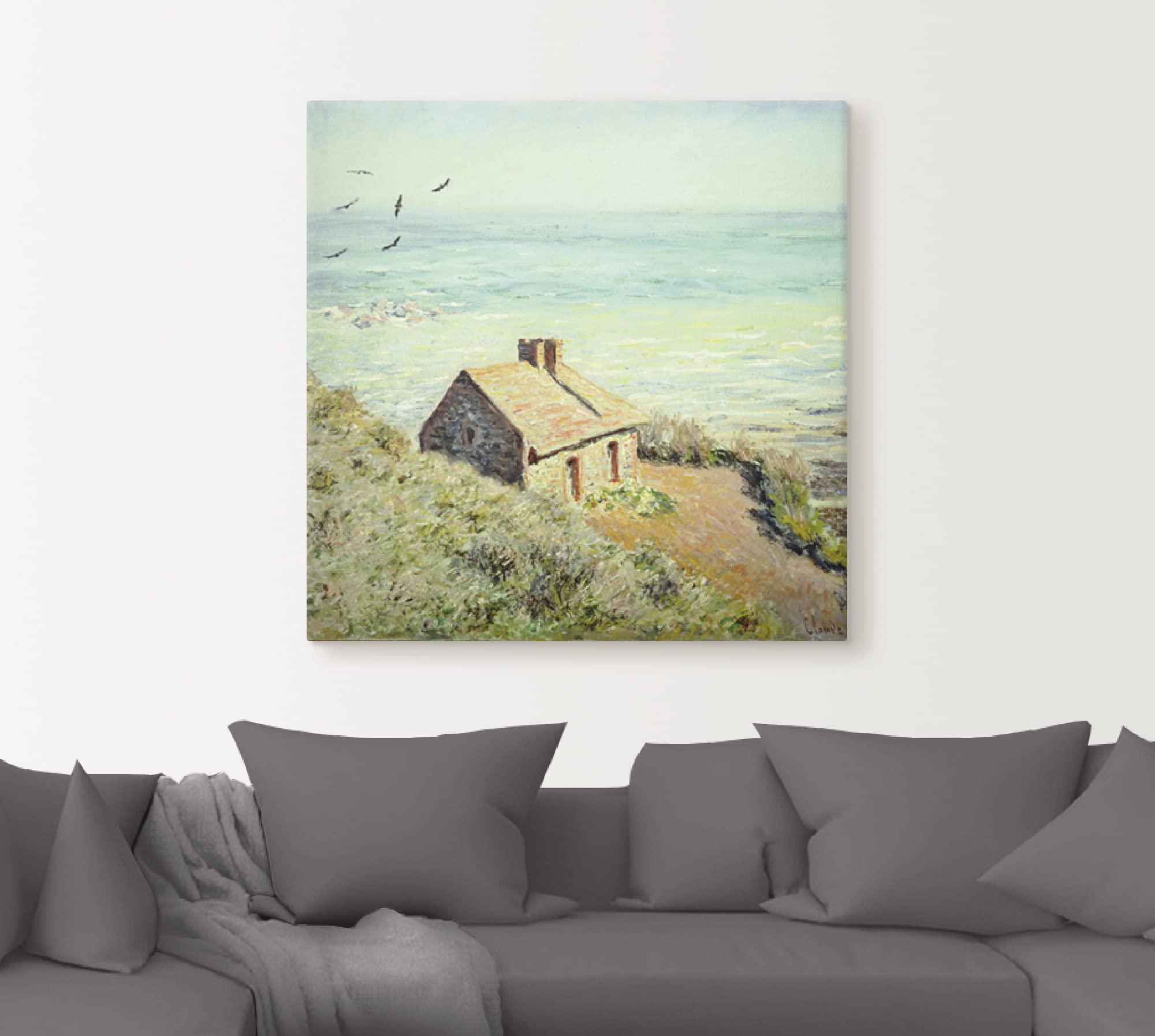 ARTLAND Wanddeko Leinwand Bilder Wandbild 50x50 cm Haus Landschaft Meer Strand Das Zollhäuschen im Morgenlicht 1882 Impressionismus Claude Monet T6UG