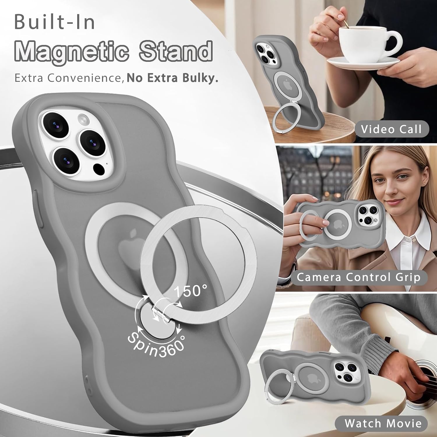for iPhone 13 Pro Case with 360° Spin Magnetic Stand [Compatible with MagSafe] Cute Wavy Frame Translucent Matte Hard Back Silicone Bumper Shockproof Phone Case with Ring Stand, Gray - Image 6