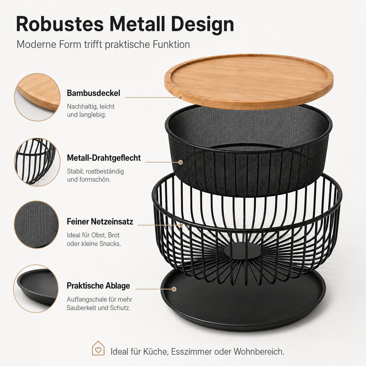 Pealeaf Obstkorb mit Deckel, Metall Obstschale mit Fliegenschutz, Obstkorb aus Drahtgeflecht mit Netzdeckel, Obst- und Gemüsehalter für Küche Arbeitsplatte Aufbewahrung (1PCS-Black)