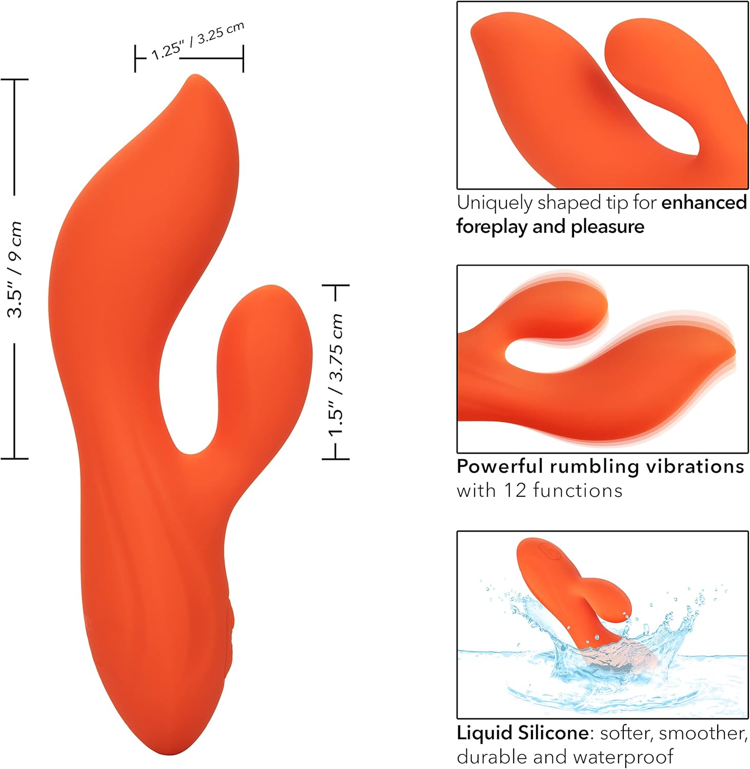 Diagram showing the dimensions of the CalExotics Stella Dual Teaser and highlighting its uniquely shaped tip, powerful rumbling vibrations with 12 functions, and liquid silicone waterproof material.