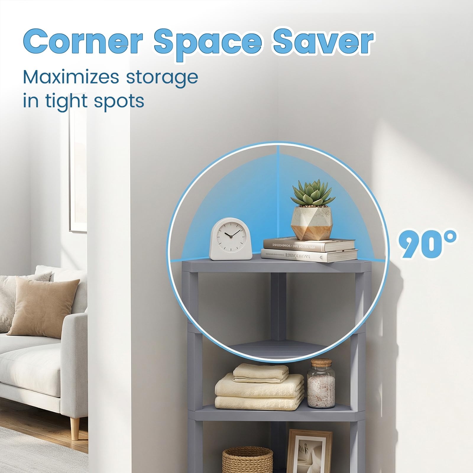 KOMFOTTEU - Estantes esquineros de 4 niveles, carga de 32 kg, mueble esquinero, plástico con estantes de láminas, ideal para baño, cocina, sala de estar, dormitorio, oficina, 46 x 33 x 99 cm (gris)