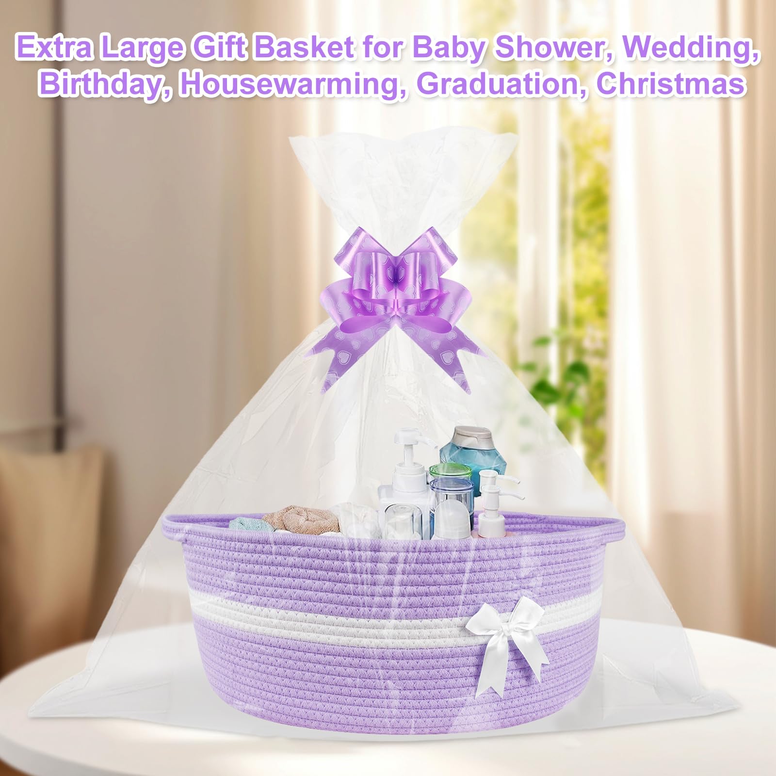Lotvic Cesto regalo grande, 43 x 32 x 18 cm, kit cestino, cesto vuoto con sacchetti di cellophane e fiocchi, cesti regalo in corda con manici, cesti regalo in tessuto per baby shower, matrimoni