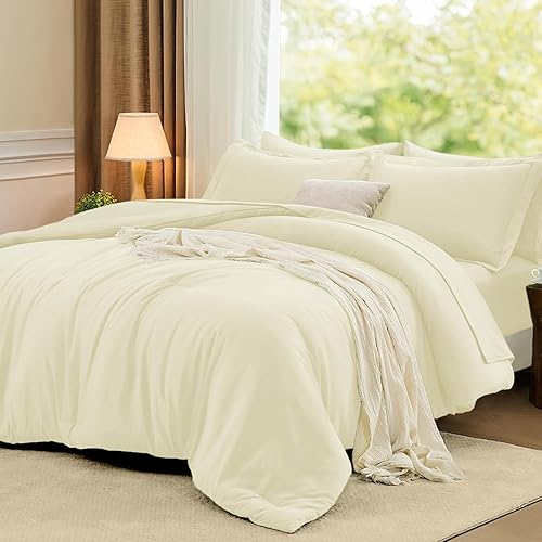 FUANNA Queen Comforter Set Cream White, 7 Pieces Soft Bedding