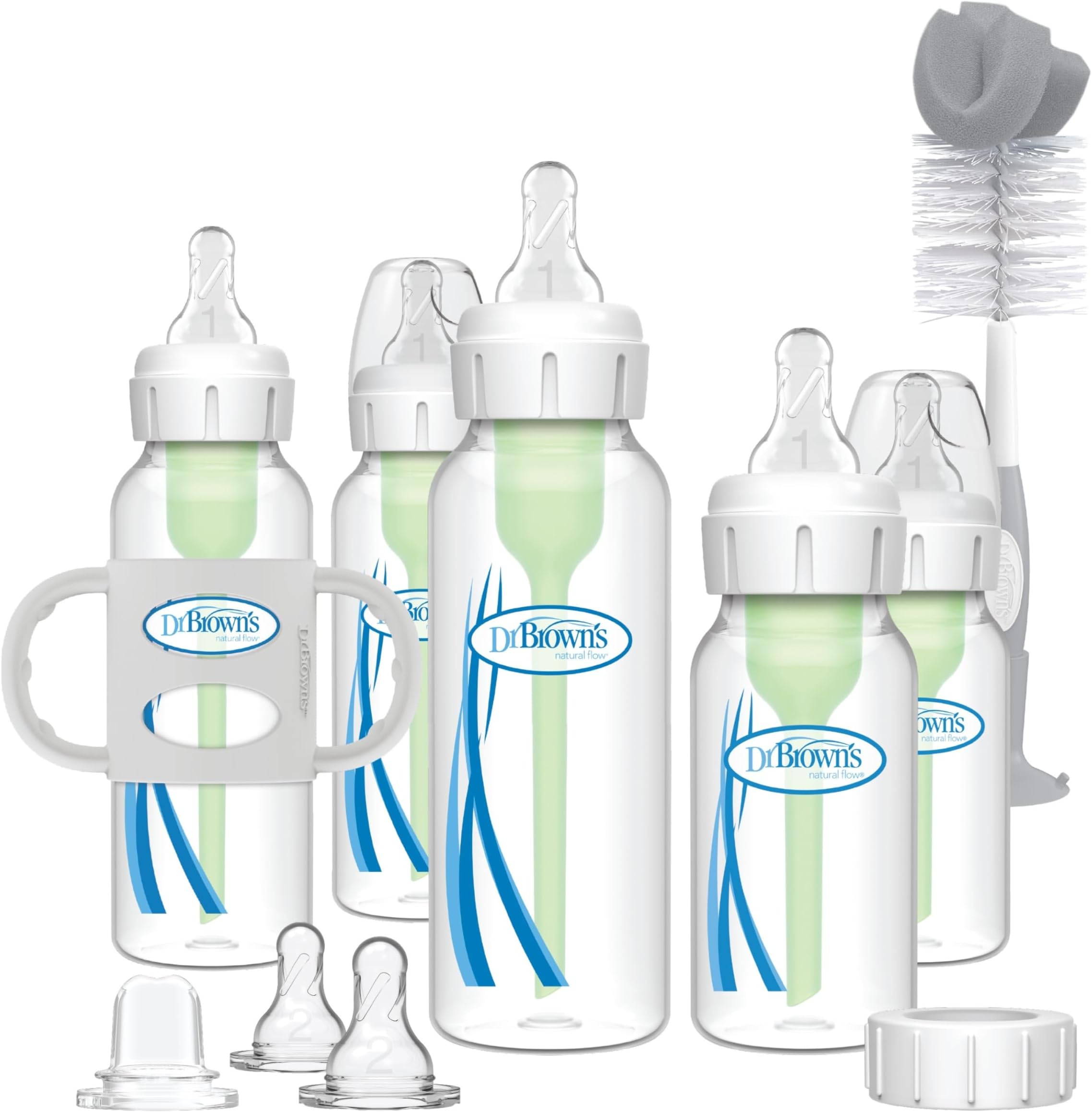 Natural Flow® Anti-Colic Options+™ Narrow Bottle to Sippy Gift Set with Soft Silicone Sippy Spout, Removable Silicone Handles, Travel Cap and Bottle Brush