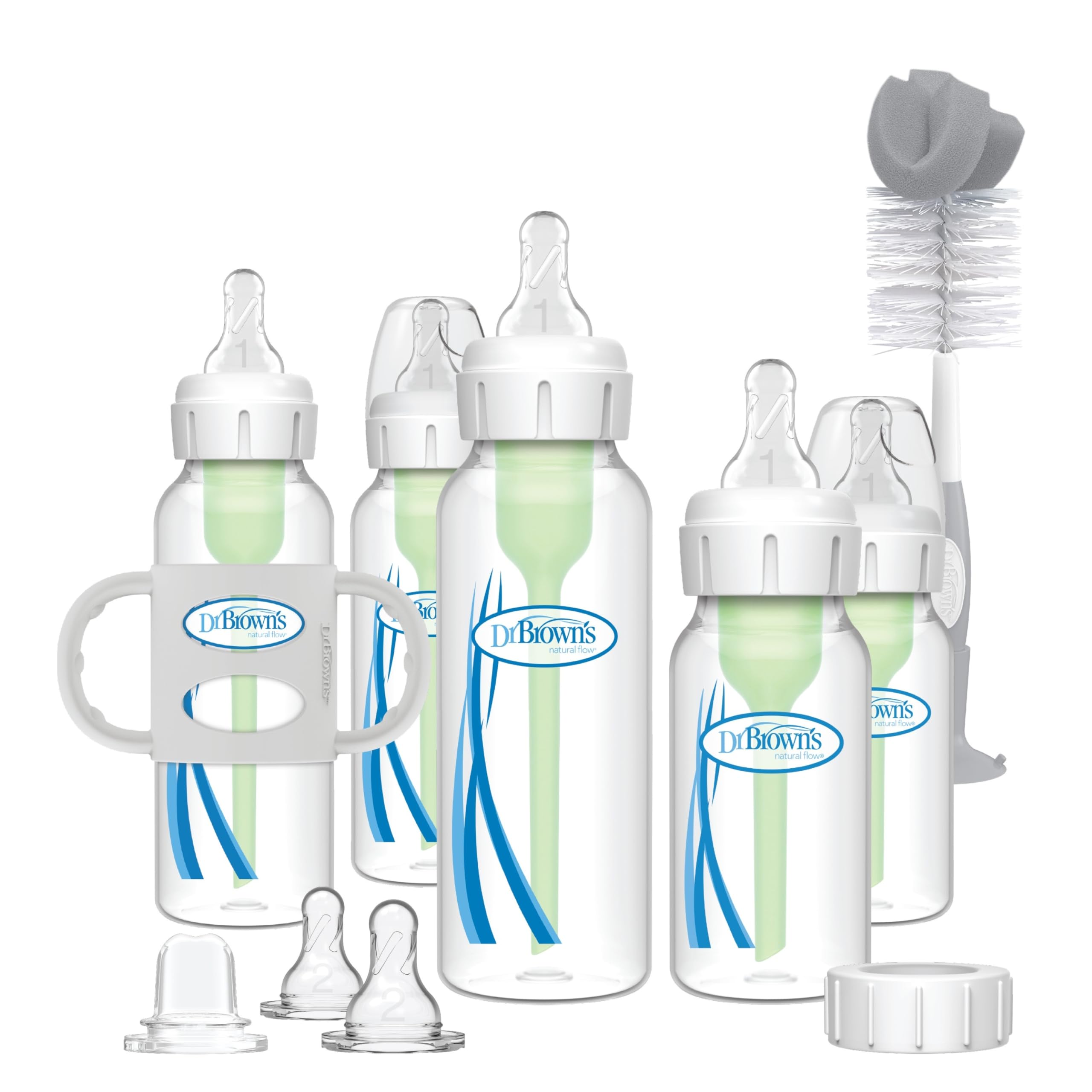 Dr. Brown's Natural Flow® Anti-Colic Options+™ Narrow Bottle to Sippy Gift Set with Soft Silicone Sippy Spout, Removable Silicone Handles, Travel Cap and Bottle Brush