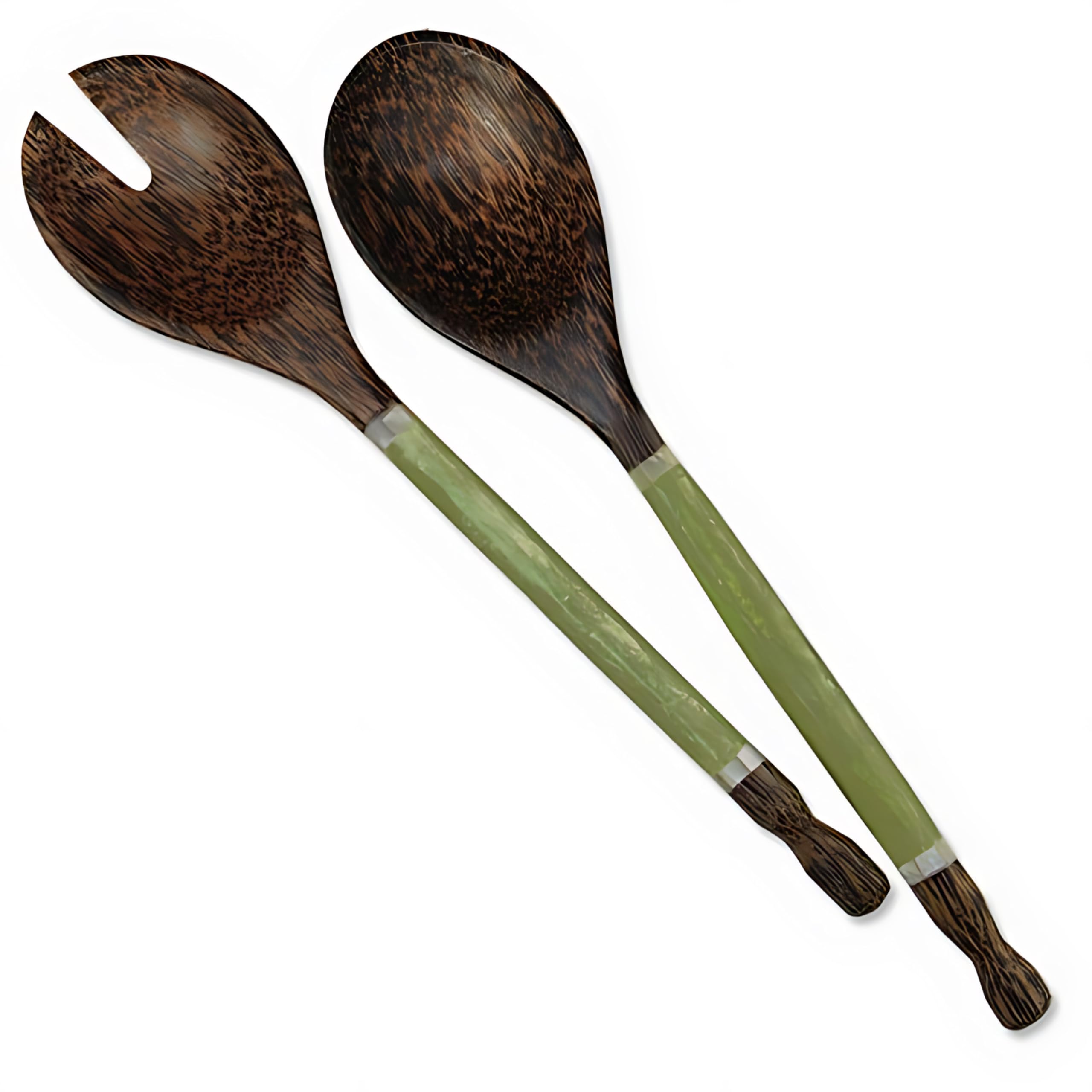 Wooden Salad Servers with Olive Capiz Shell Inlay - Handmade, Sustainable 14-Inch Spoon and Fork Set - Versatile Serving Utensils for All Dishes, Made in Bali (Olive Capiz | Palm Wood)