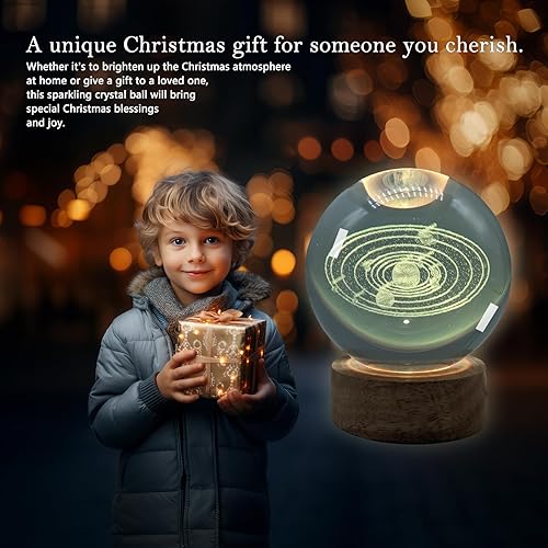 Miniatura 4 de TUUWAI Bola de cristal del sistema solar 3D con lámpara LED, luz nocturna de base de madera colorida con bola brillante extraíble, luz cambiante de