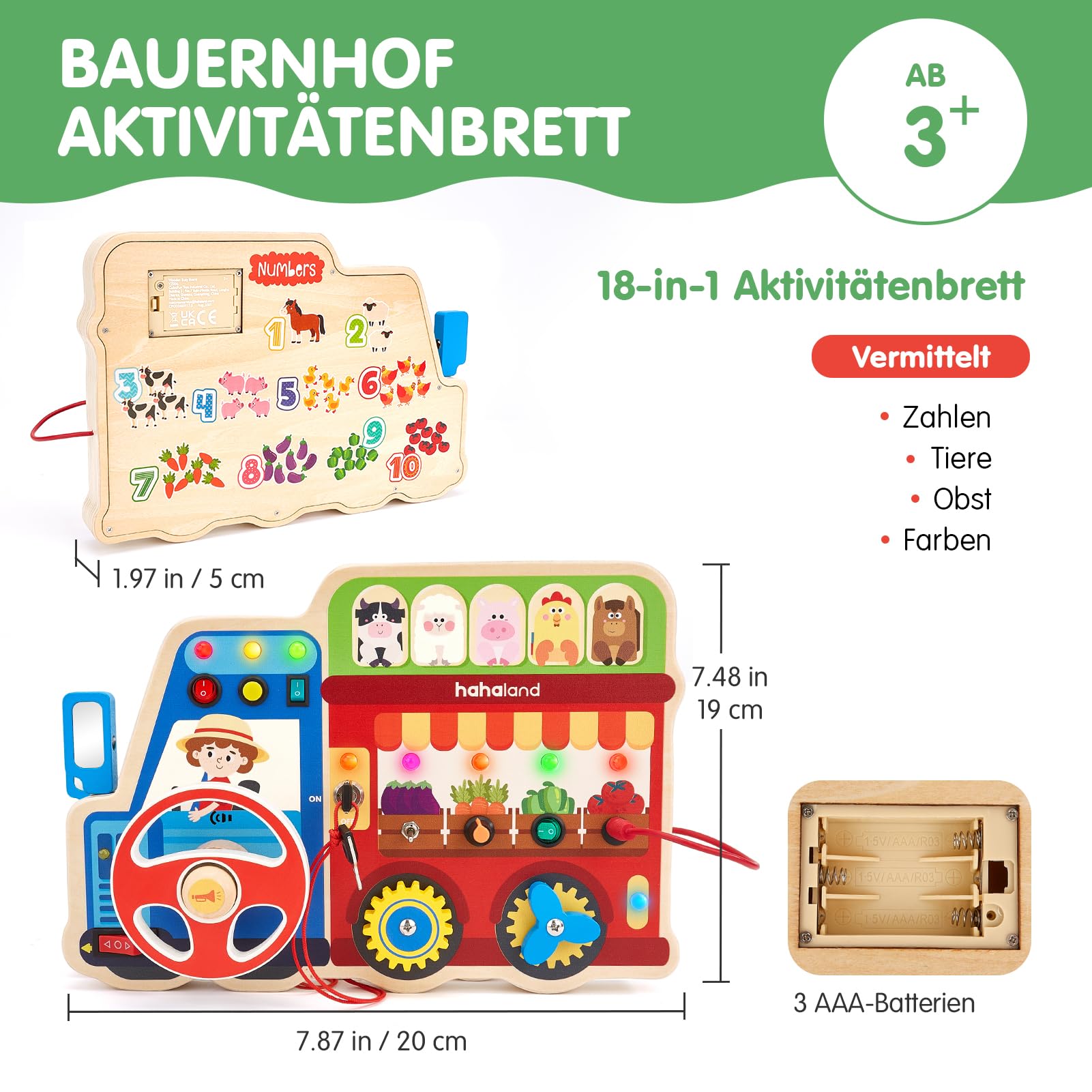 hahaland Baby Montessori Spielzeug Busy Board, Holz Activity Board mit 9 Schalter 11 LED, Tiere, Obst, Musik, Lenkrad, Motorikspielzeug Sensorik Lernspielzeug, Geschenk Jungen Mädch
