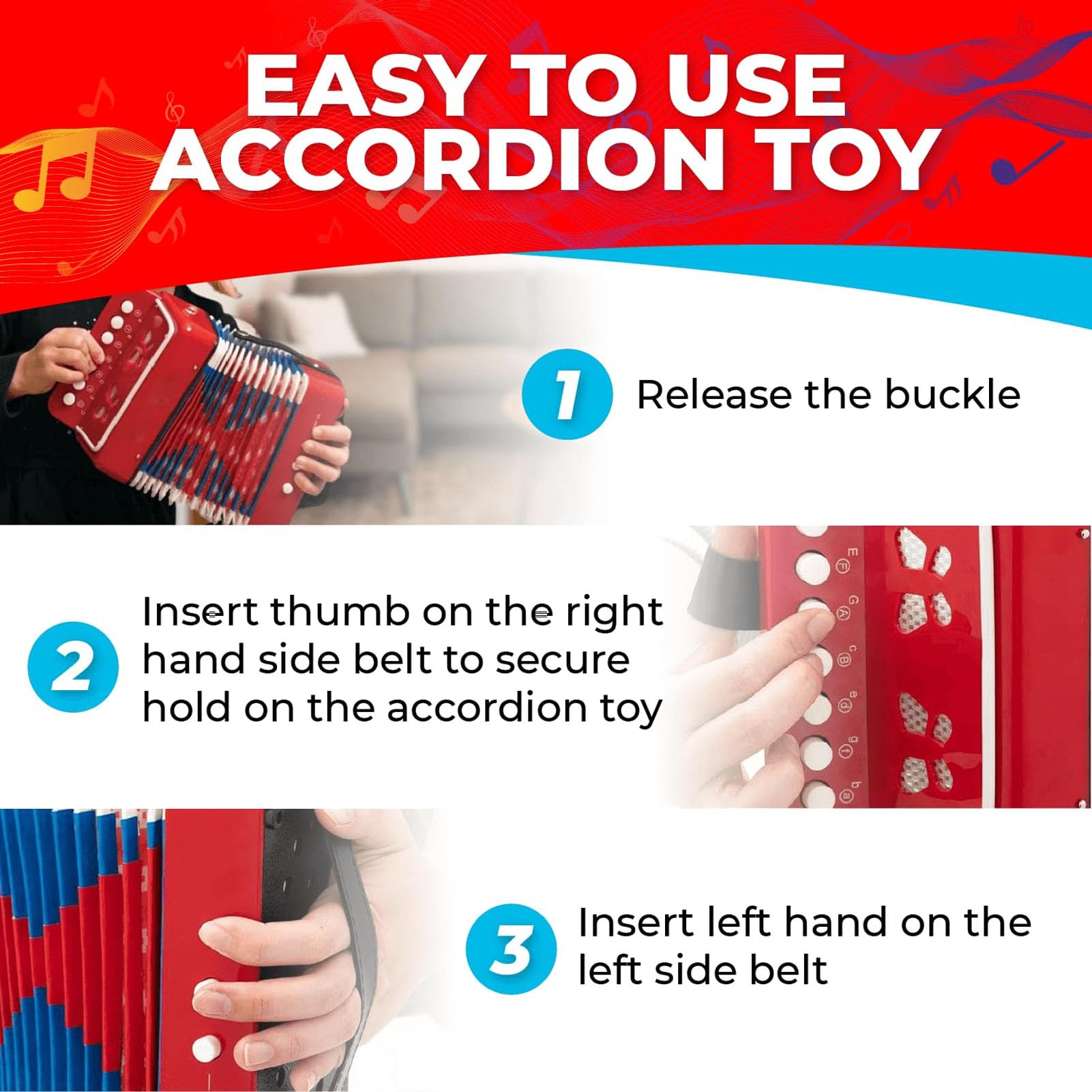 Mini Accordion 7 Key 2 Bass, Instrumento de educación musical, material ABS con fuelle de cuero, Guía de aprendizaje incluida, portátil con hebilla de cinturón