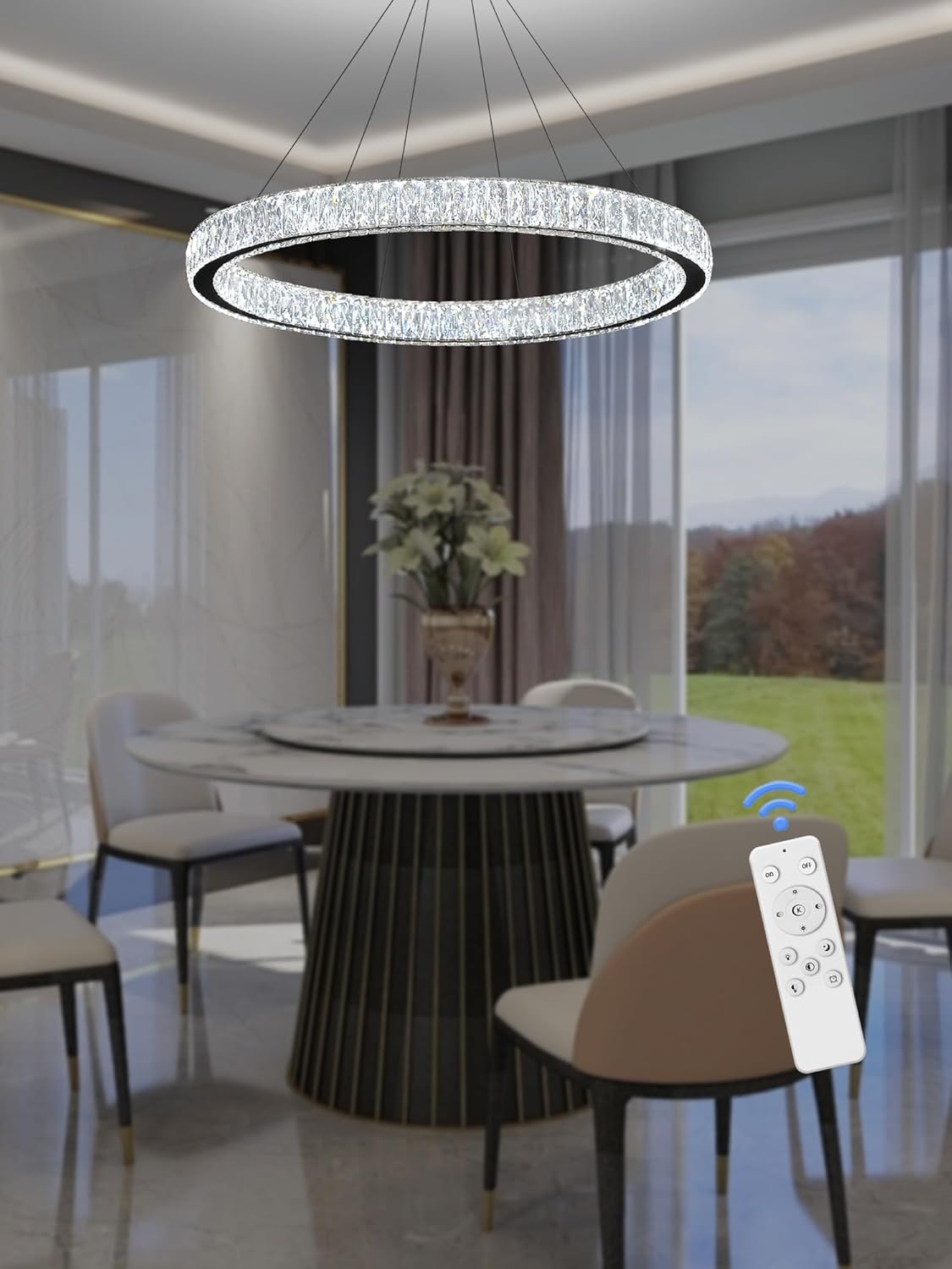 39.4in Large Ring Chandelier for Living Room Modern LED Black Crystal Chandelier for Dining Room Dimmable 2700K-6000K