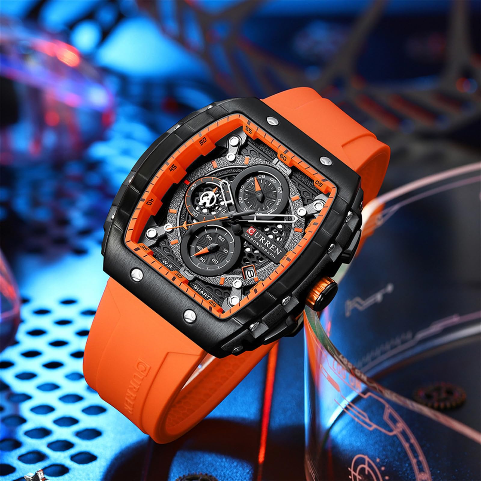 FORSINING Montre analogique à quartz pour homme - Grand cadran rectangulaire - Bracelet en silicone - Étanche - Calendrier - Date