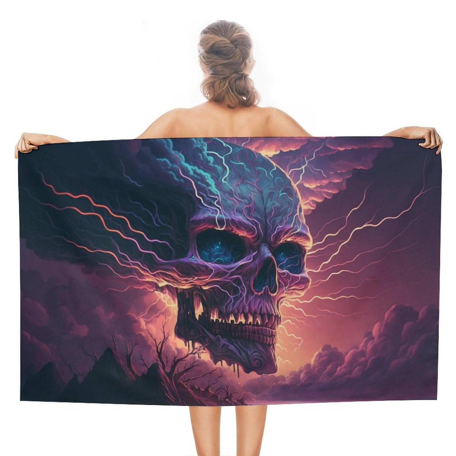 Serviette de plage microfibre Electric Storm Skull 130x80 cm pour le camping et le yoga