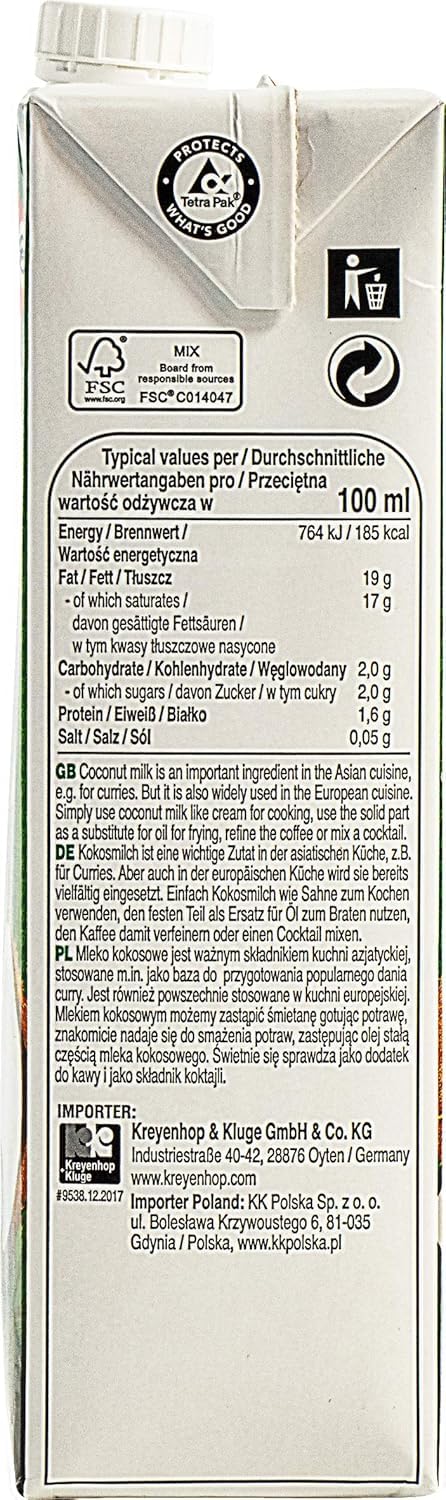 Aroy-D Leche de coco 1 litro Coconut Milk 100% Original (5 Botella)