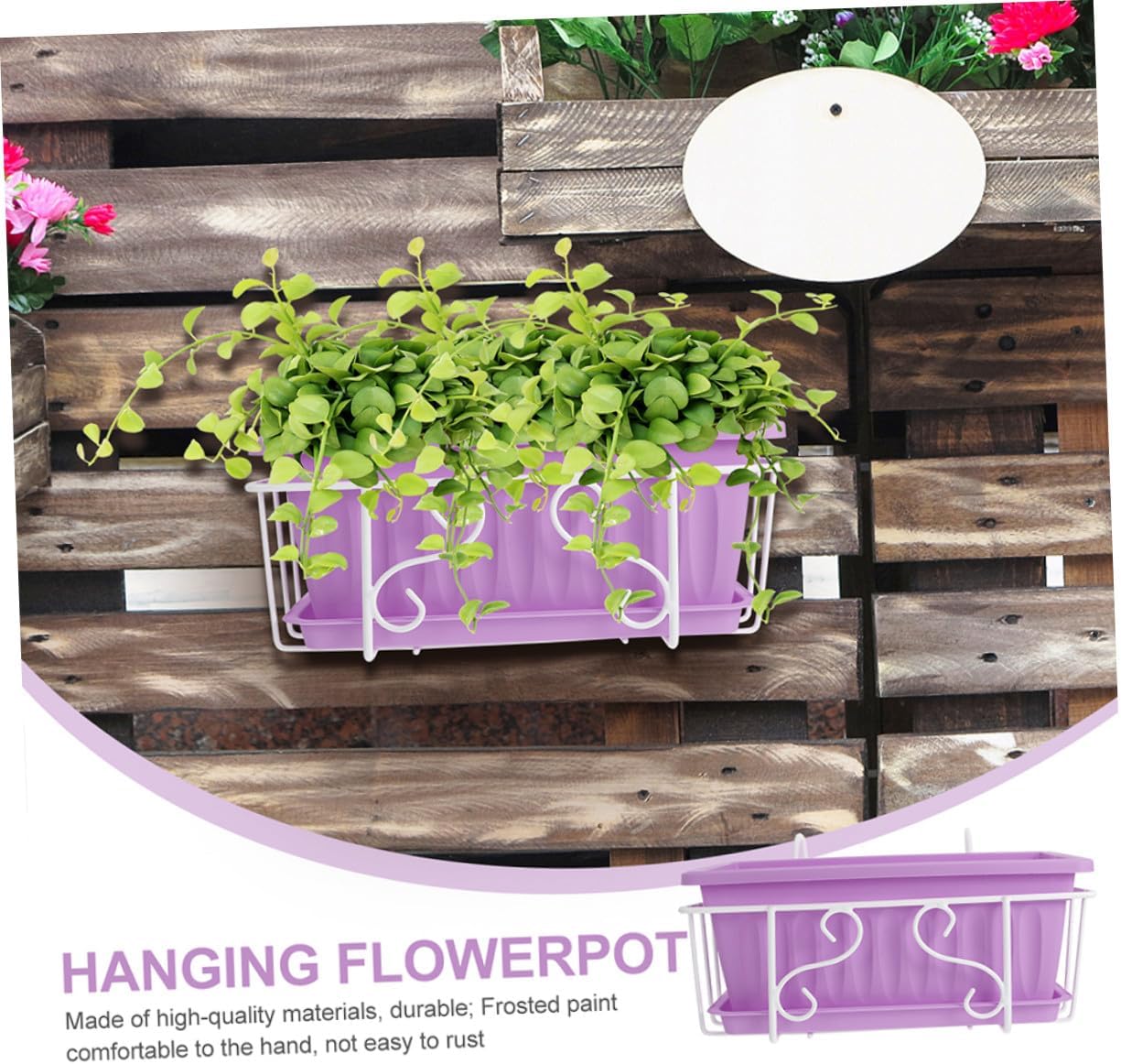 Rectangular Hanging Flower Planter with Tray, Medium Purple Resin Vegetable Pot for Windowsill Balcony Garden Indoor Use
