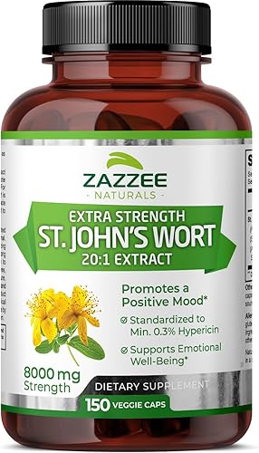Zazzee Extracto 201 de hierba de San Juan extra fuerte, 8000 mg de fuerza, 0.3% de hipericina, 150 cápsulas veganas, suministro de 5 meses,