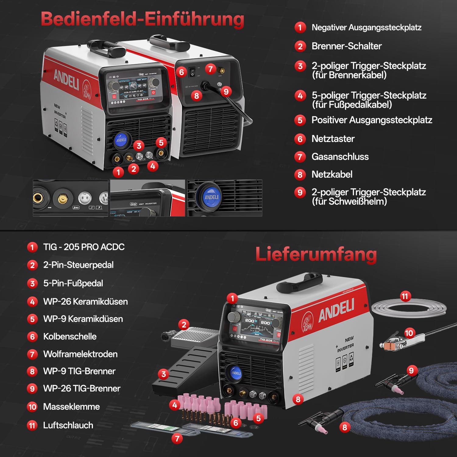 ANDELI 10-in-1 Aluminium TIG WIG schweißgerät AC DC, Fußpedal, 205A LCD, Puls Rechteck Sinus Trapezwelle, Kalt Punktschweißung, 230V, TIG-205 PRO