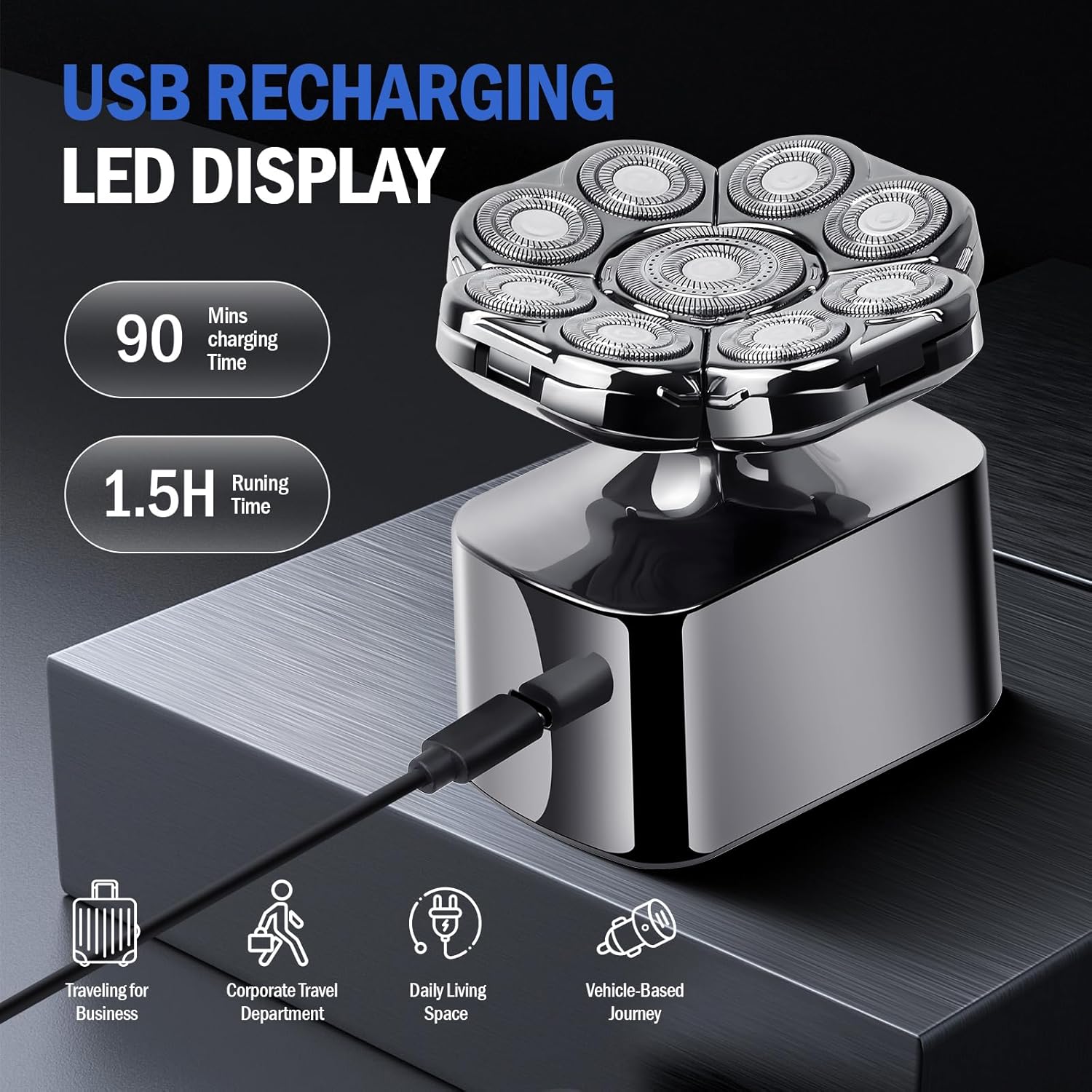 Floating Head Shavers for Bald Men - IPX7 Waterproof Electric Razor for Men with Type-C Quick Charge & LED Display - 6-in-1 Multifunctional Grooming Kit for Wet/Dry Shaving - Image 6