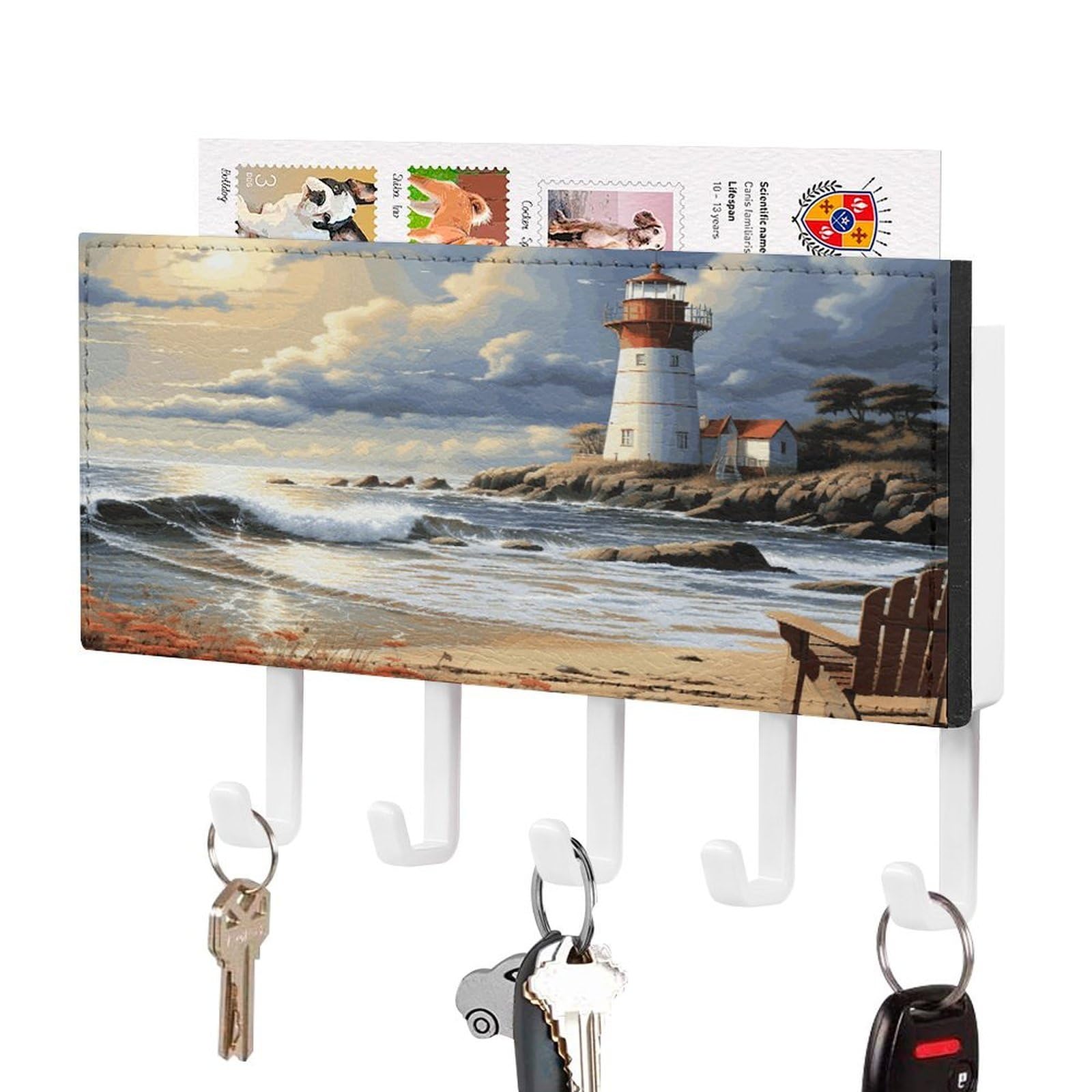 FekiLoot Sea Lighthouse Sandbeach Key Holder for Wall Decorative Mail Organizer with 5 Key Hook Self Adhesive Key Rack with Tray Coat Rack Wall Mount Key Hanger Decor for Entryway Door