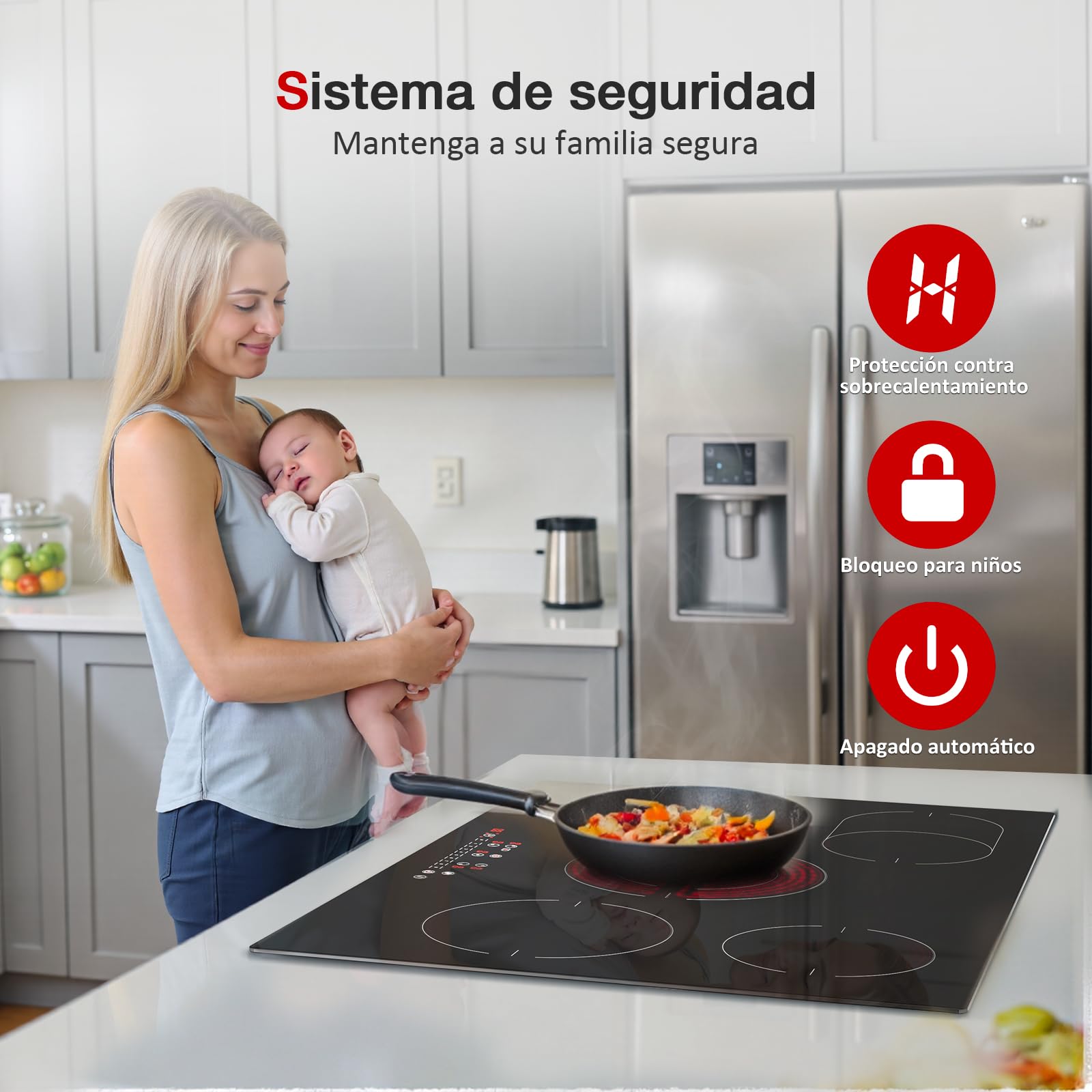 Wehimo -Placa Vitroceramica 5 Fuegos 9 niveles de Potencia,Control Táctil,Temporizador 99min, Dispositivo de Bloqueo de Seguridad,Indicador de Calor