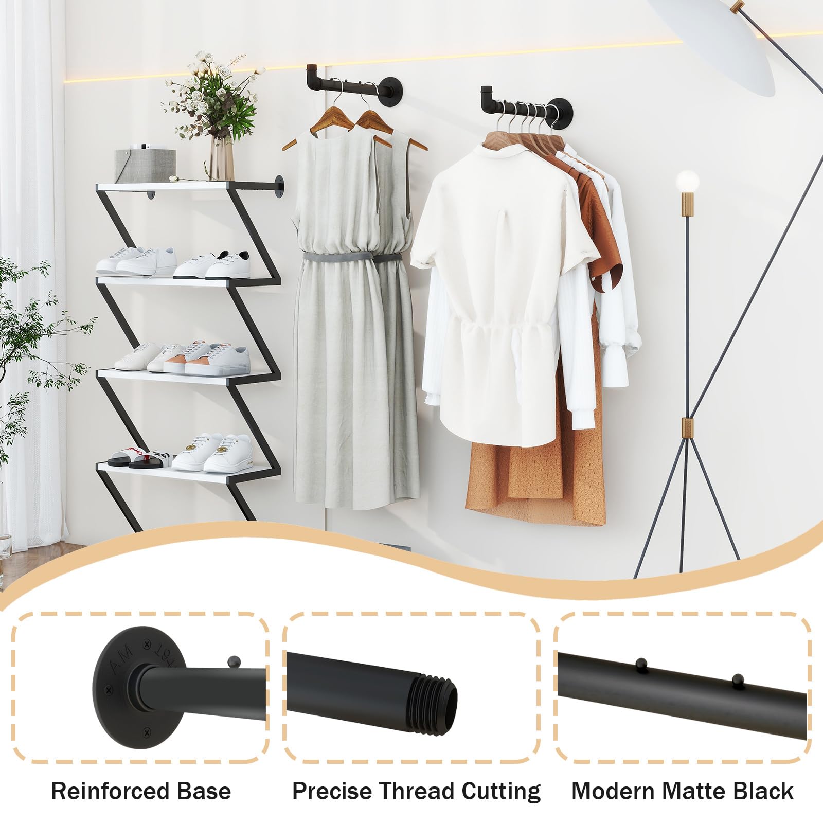 IBUYKE 2 Barra Appendiabiti da Parete da 40cm, Metallo Barra Appendiabiti per Tubo Industriale, Appendiabiti da Parete da Muro Salvaspazio Multifunzione per la Casa, Nero TYJ008H-2