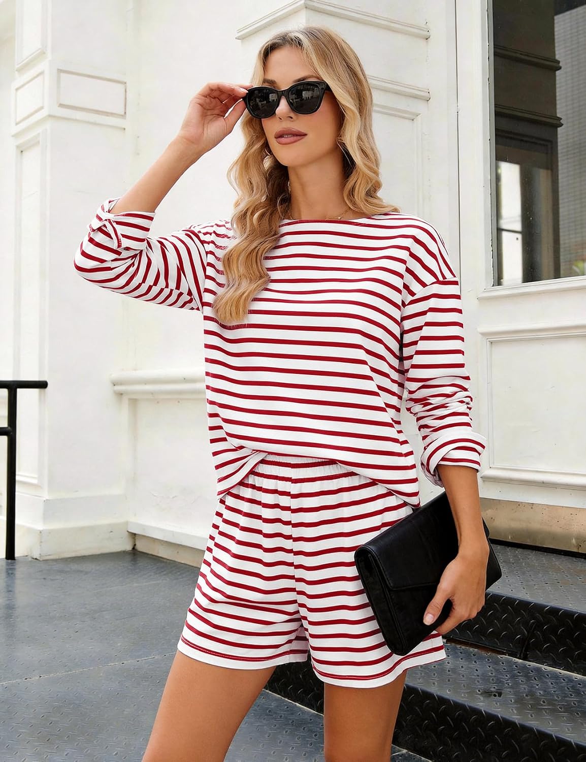 PEHMEA Women's 2 Piece Striped Short Sets Cotton Summer Lounge Set image 4