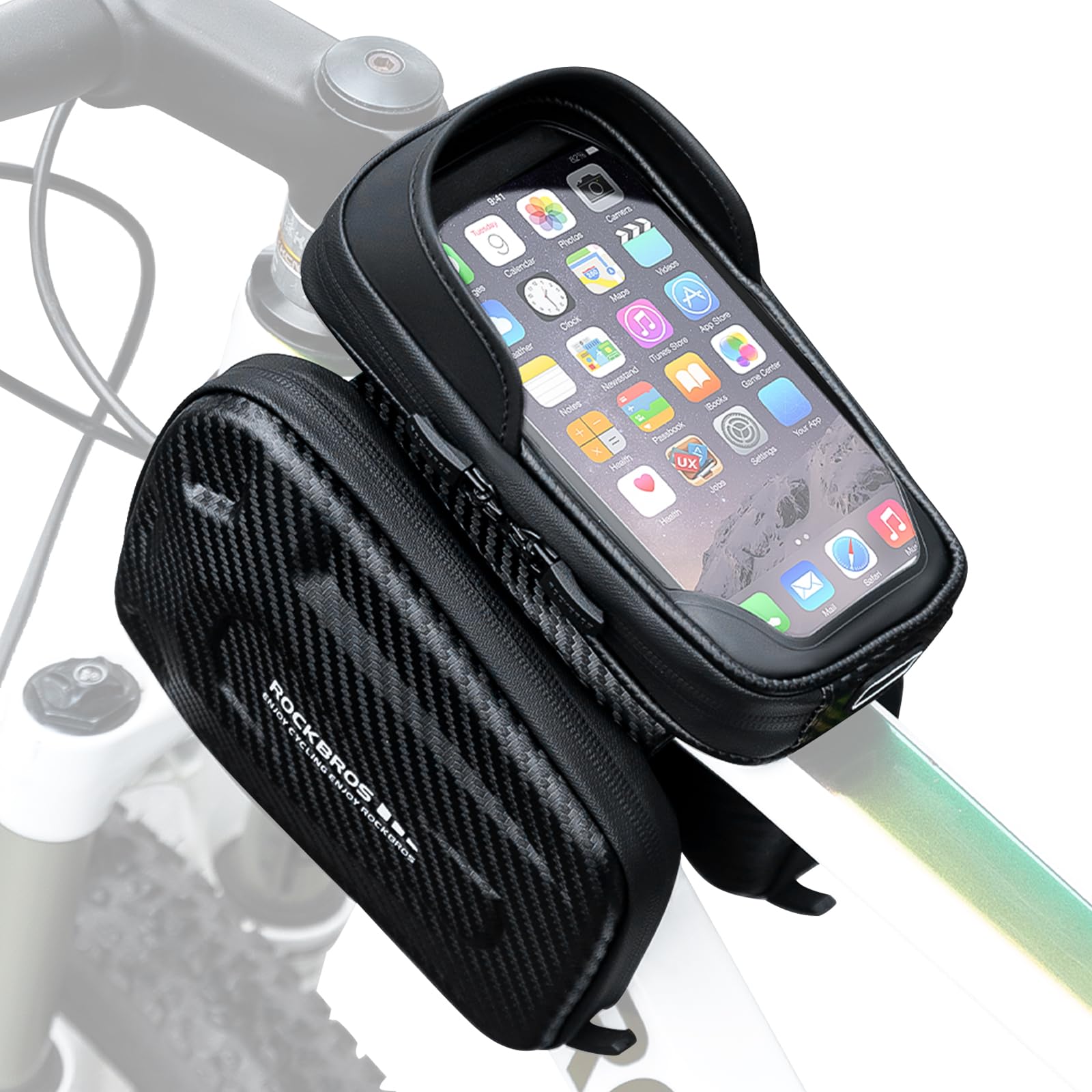ROCKBROS Bike Frame Bag with Touchscreen Smartphone Holder, Sun Protection, Side Pockets for Mountain, Road, Electric Bike