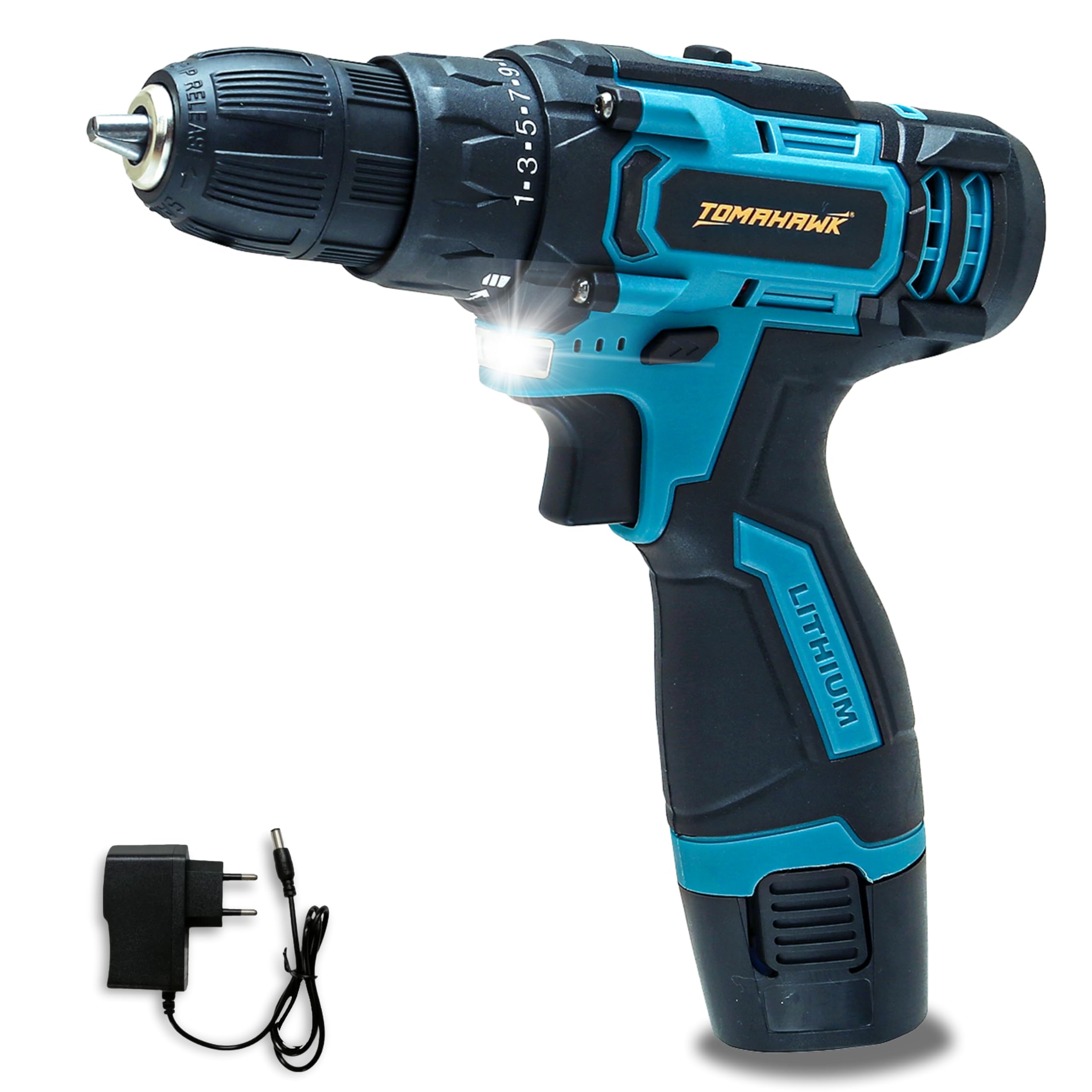 Tomahawk T8000 12V Cordless Drill/Screwdriver | 10mm (⅜”) Keyless Chuck | 2-Speed (350/1350 RPM) | Single Battery 1.5Ah | 28Nm Torque | LED Light | For Home, DIY, Wood & Metal Work