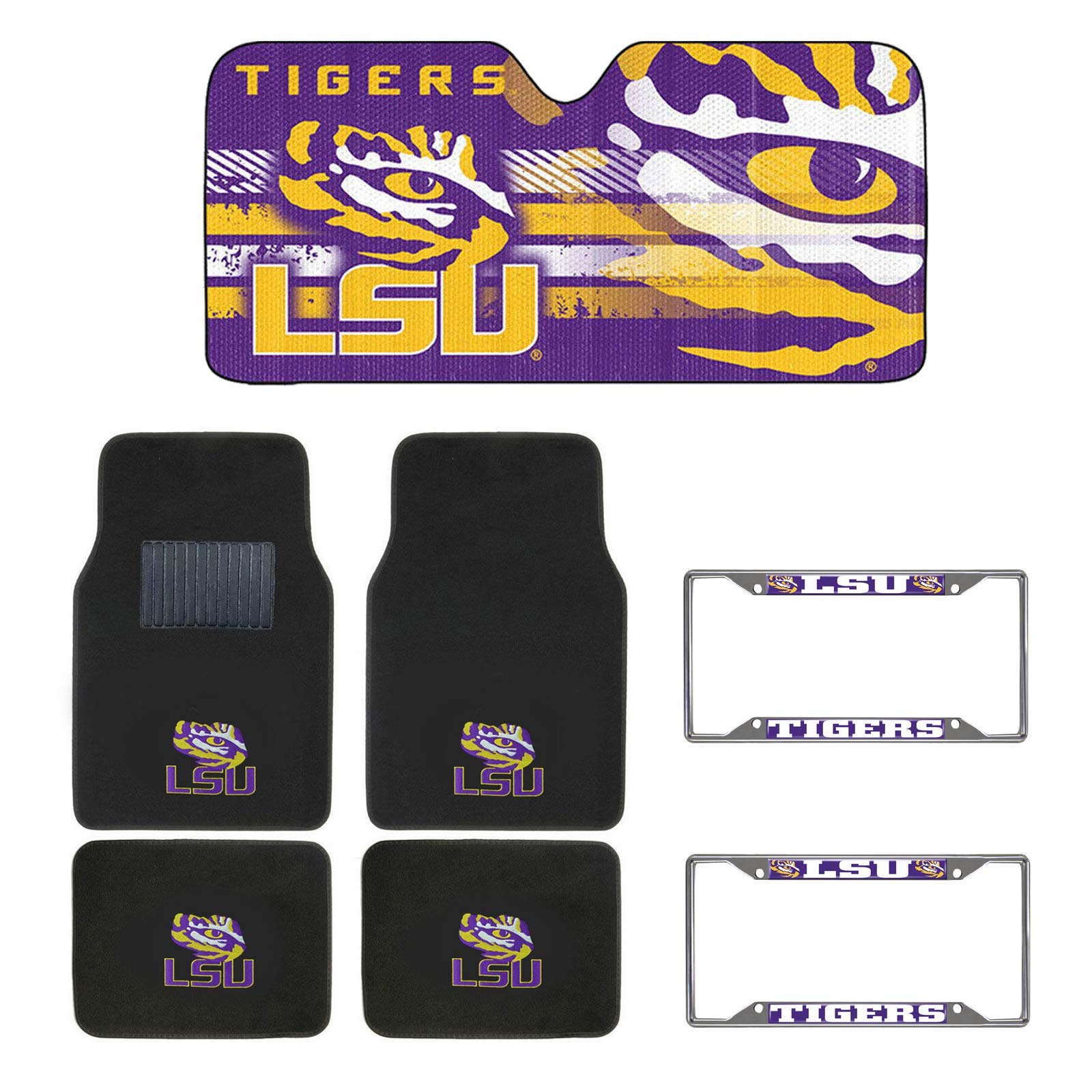 AAC FANMATS NCAA Carpet Floor Mats Bundle with License Plates and Sunshade for LSU Tigers Fans Officially Licensed(7 Items)