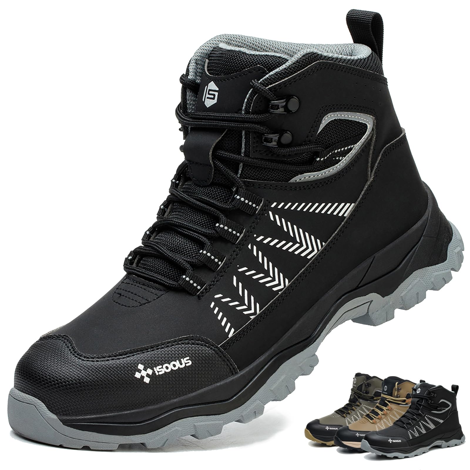 ISOOUS Arbeitsschuhe Herren Hoch Sicherheitsstiefel Damen Sicherheitsschuhe Leicht mit Stahlkappe Stahlkappenschuhe rutschfest Schwarz 43 EU