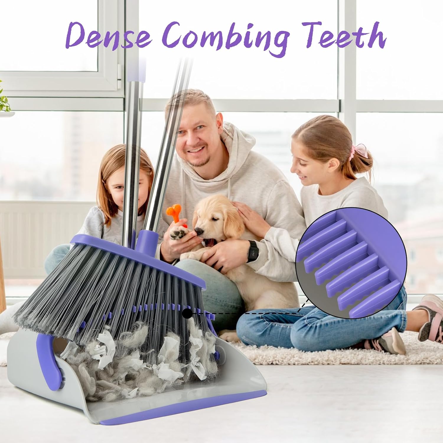 Broom and Dustpan Combo Set, Long Handle and Standing Dust Pan with Comb Teeth, Efficient Floor Cleaning for Kitchen, Outdoor, Dorm, Apartment, Office Lobby (Gray Purple)