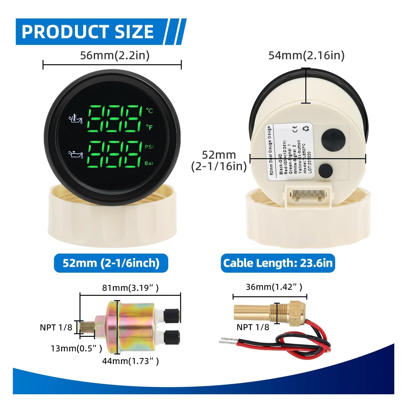 Medidor digital dual de 52 mm for automóvil, temperatura del aceite + medidor de presión de aceite con sensor de alarma, 50-150 ℃, 0-10 BAR rojo, LED verde Alta visibilidad(Green LED BS)