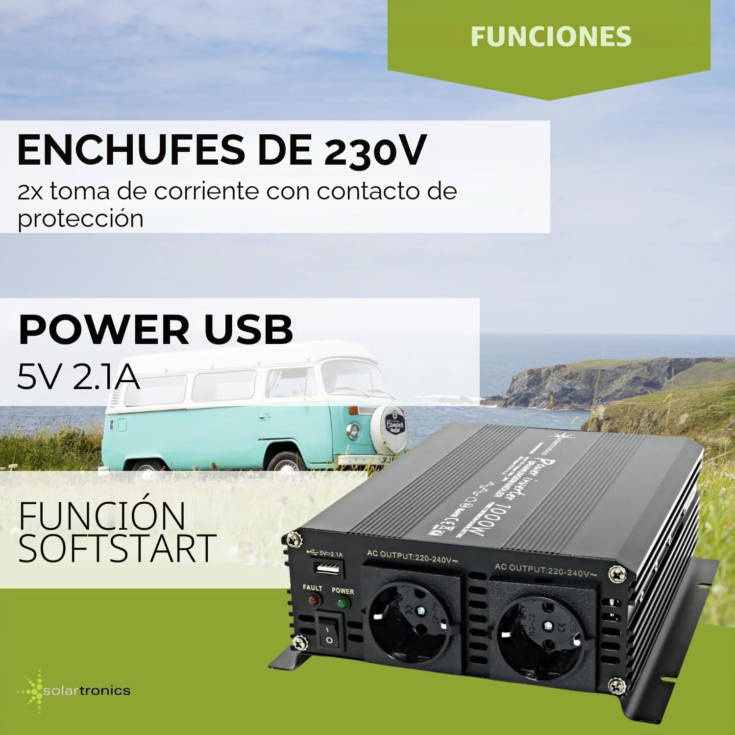 Convertidor de Tensión 1000-2000 Vatios 12-230V Negro