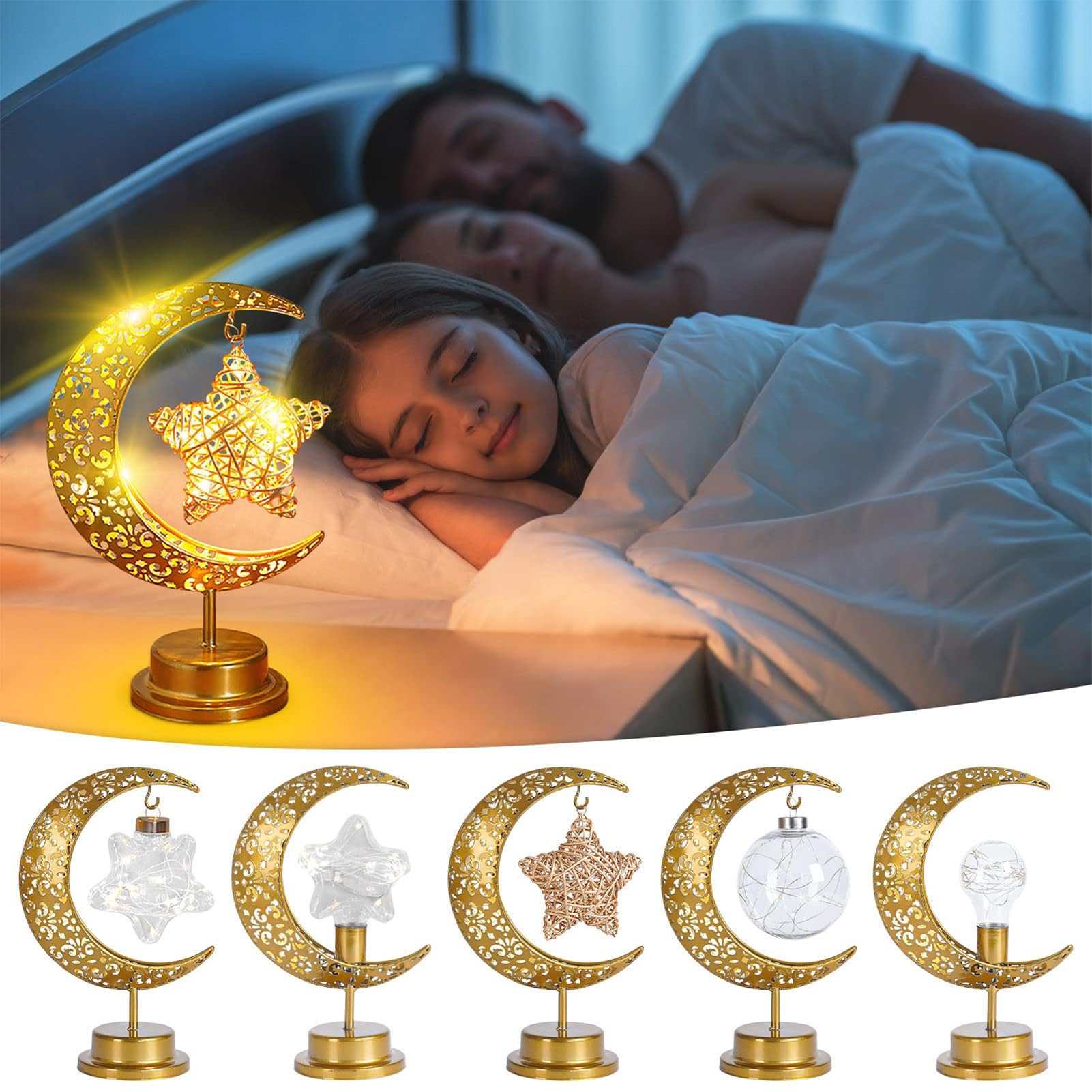 Ramadan Decorations LED Decorative Light Moon Star Table Lamp, Cordless Ramadan Moon Shape Desk Lamp, Bedside Table Night Light for Bedroom Dining Living Room Party Nursery Office Decor (Star-A)