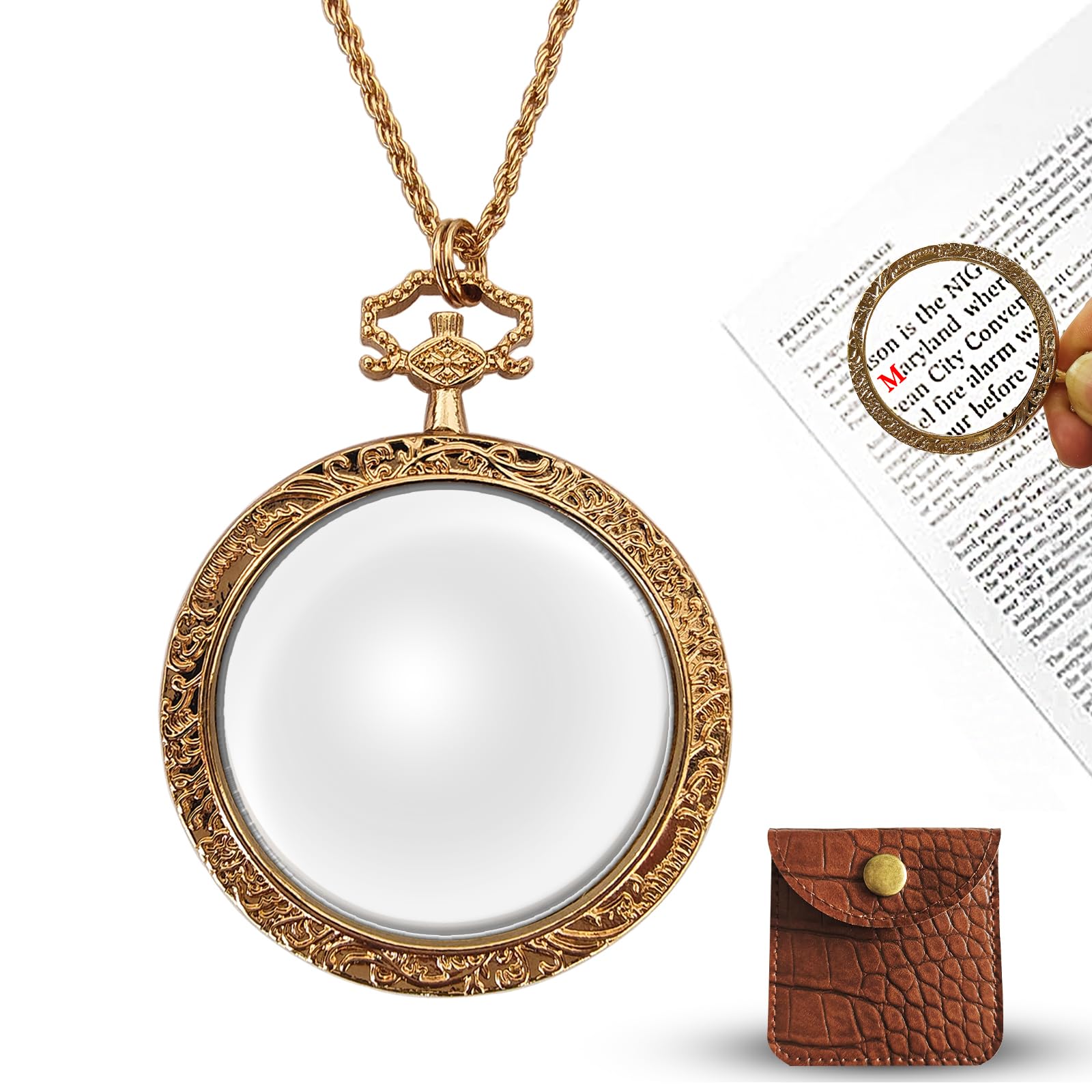 Photo 1 of YYHSND 10X Magnifying Glass Necklace Magnifier Necklace Pendant Optical Magnifier with Chain Necklace for Library, Reading, Zooming and Jewelry (Pure Gold)