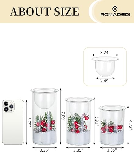 Miniatura 5 de Romadedi Portavelas de Navidad para centro de mesa, juego de 3 portavelas de cristal con adornos de Navidad, soportes votivos transparentes