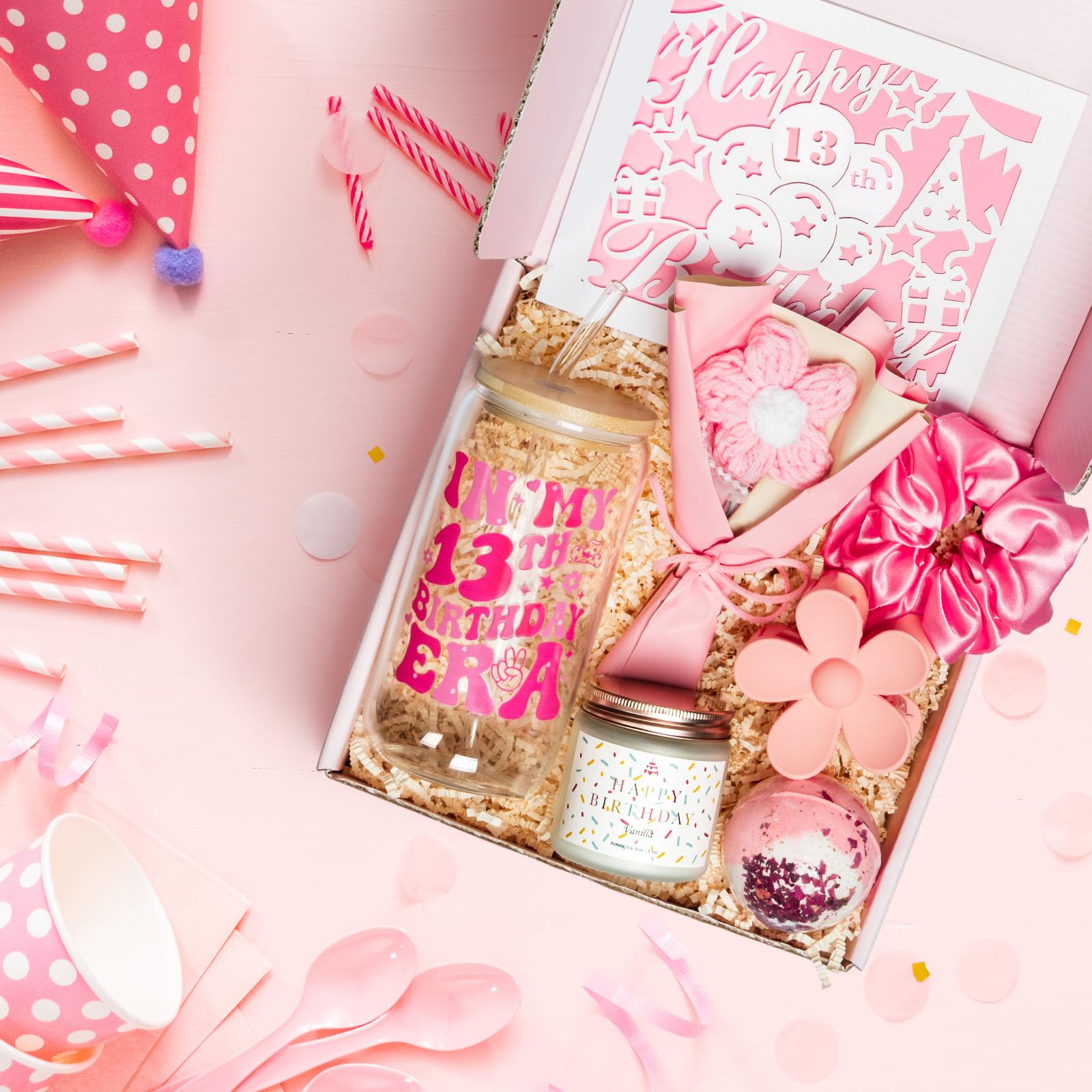 XGFYYMM 13th Birthday Gifts for Girls, 13 Year Old Gift Ideas for Official Teenager Girl, 7Pcs Happy 13th Birthday Basket Decorations Teen Trendy Stuff, Pink Presents Box for Her, Daughter, Niece