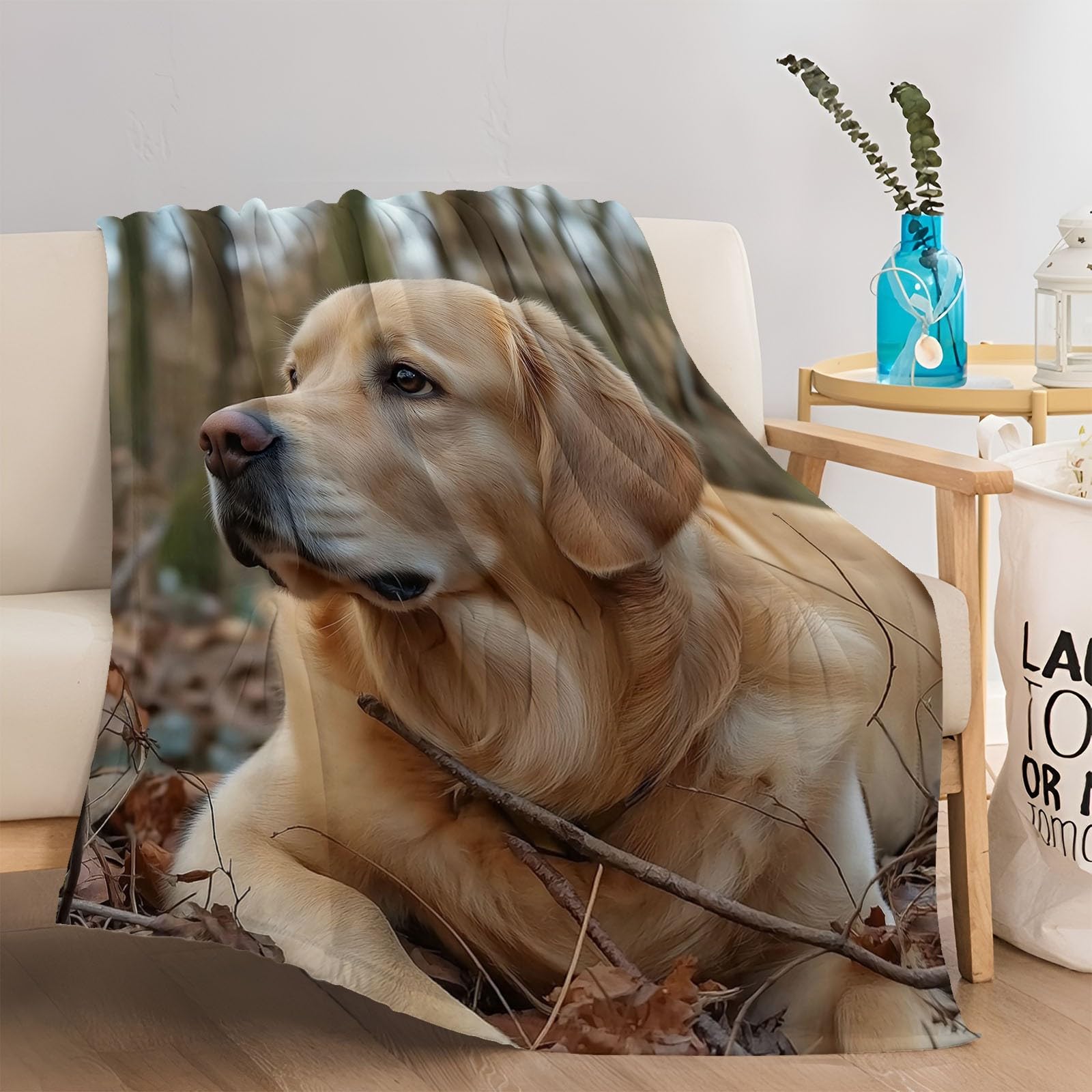 Golden Retriever koce flanelowe z nadrukiem, na drzewa, 200 x 220 cm, na jesień i zimę, dla mężczyzn, kobiet i dorosłych, dekoracyjny koc na łóżko i kanapę, żółty