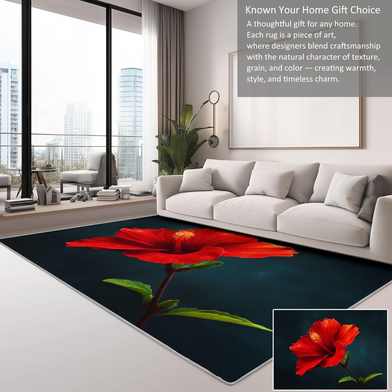 Genérico Dywan można prać w pralce 80 x 150 cm, antypoślizgowy i antypillingowy dywan rośliny czerwony hibiskus - dywan miękki surrealizm do salonu sypialni jadalni przedpokoju i kuchni
