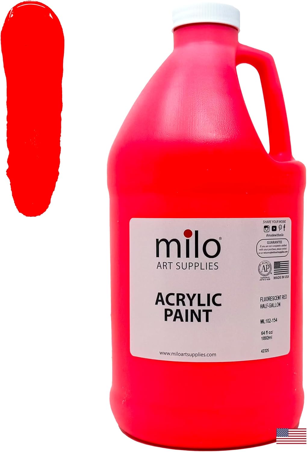 milo Fluorescent Red Neon Acrylic Paint | 64 oz Bottle Half Gallon | Glows UV in Black Light | Non-Toxic Made in USA | Bulk Art Paint for Party, Student, Classroom, Artist | Paint in the Dark