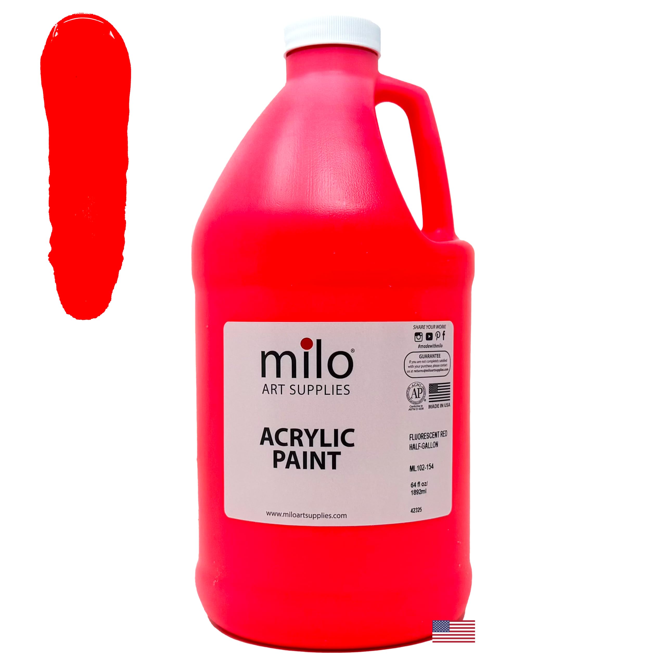 milo Fluorescent Red Neon Acrylic Paint | 64 oz Bottle Half Gallon | Glows UV in Black Light | Non-Toxic Made in USA | Bulk Art Paint for Party,