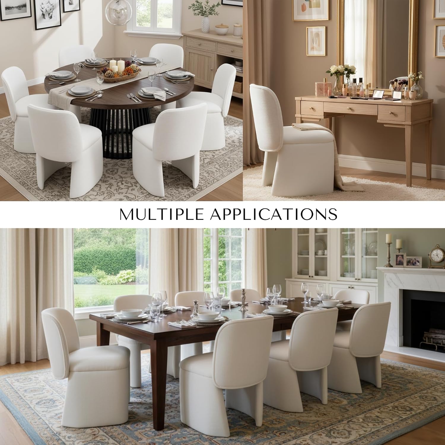 Modern Upholstered Dining Chairs Set of 2, Barrel White Linen Fabric Chairs with Wood Leg, Comfy Vanity Chair Side Chair with High Back for Dining Room Kitchen Living Room Reading Space