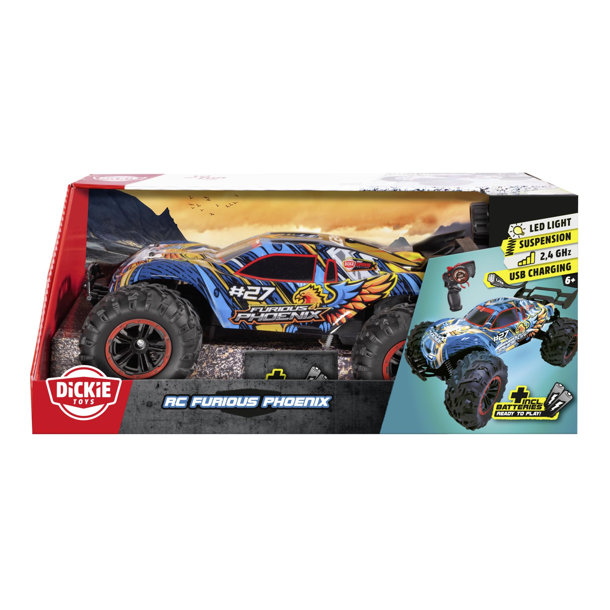 Dickie Toys - RC Auto Furious Phoenix (40 cm) - zdalnie sterowany samochód od 6 lat z zawieszeniem i światłem - pilot zdalnego sterowania dla dzieci, pilot zdalnego sterowania 12 km/h, 2,4 GHz, w