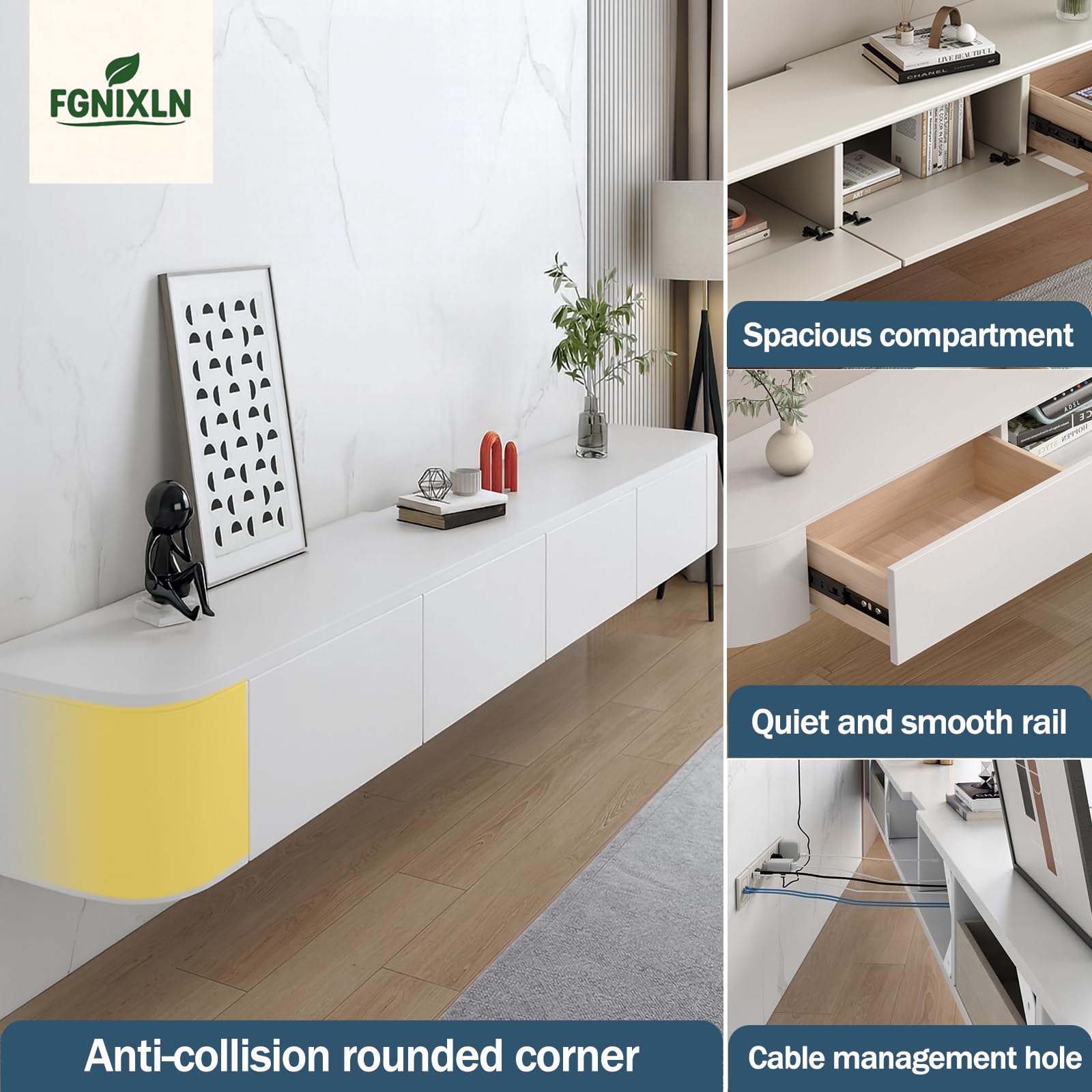 TV Lowboard Hängend,120-300 cm Moderner TV Schrank Fernsehschrank für das Wohnzimmer Geeignet für das Wohnzimmer und Schlafzimmer (Weiß, 220CM)